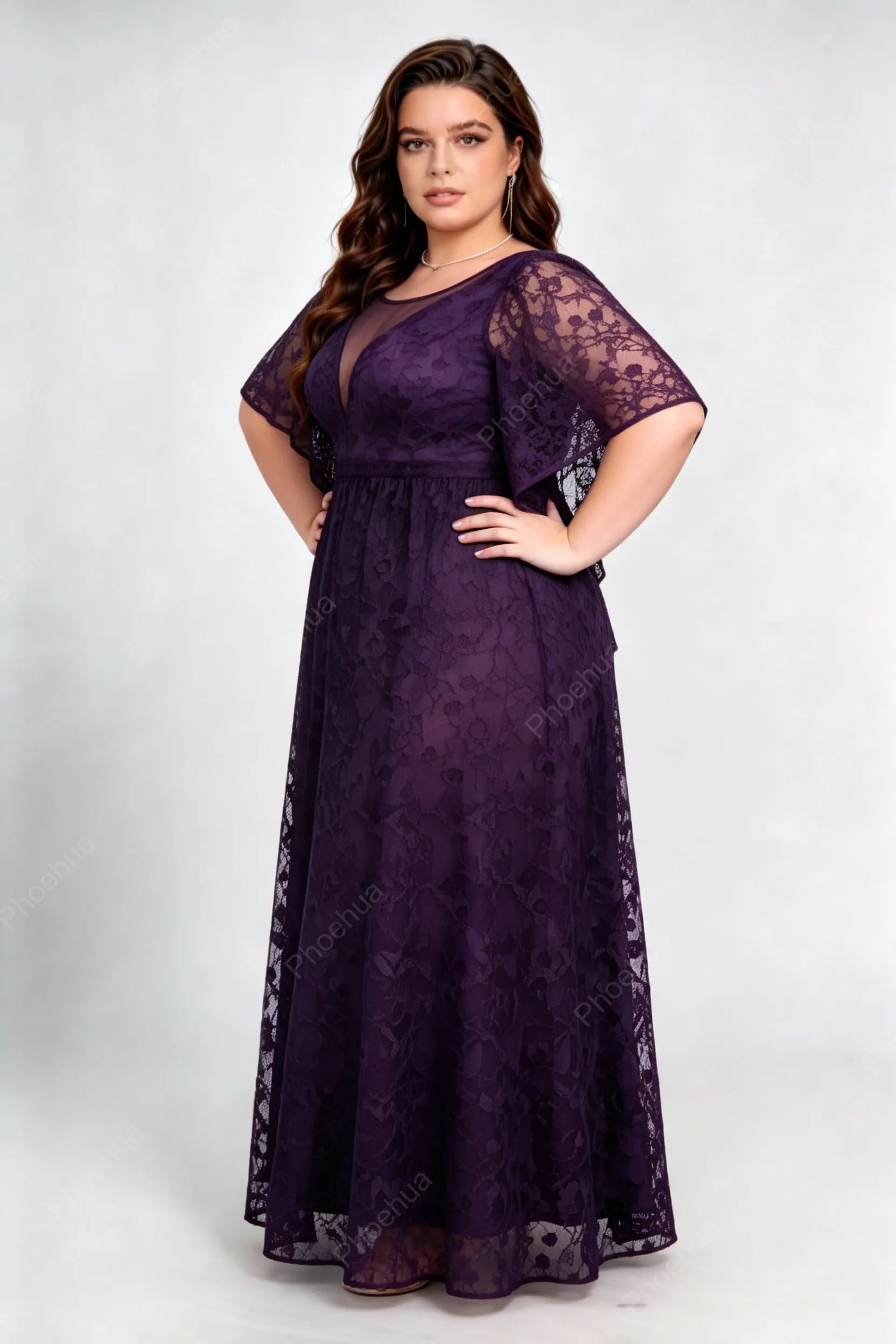 Plus Size Dark Purple Illusion Neck Flutter Short Sleeve Allover Lace Empire Waist A Line Floor Length Bridesmaid Evening Maxi Dress