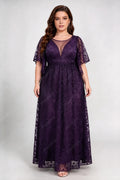 Plus Size Dark Purple Illusion Neck Flutter Short Sleeve Allover Lace Empire Waist A Line Floor Length Bridesmaid Evening Maxi Dress
