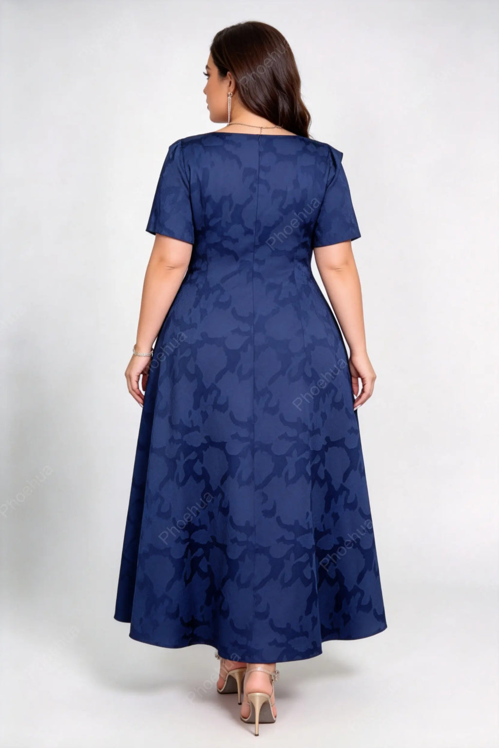 Plus Size Navy Blue Square Neck Short Sleeve Embossed Floral A-Line Midi Formal Wedding Guest Dress
