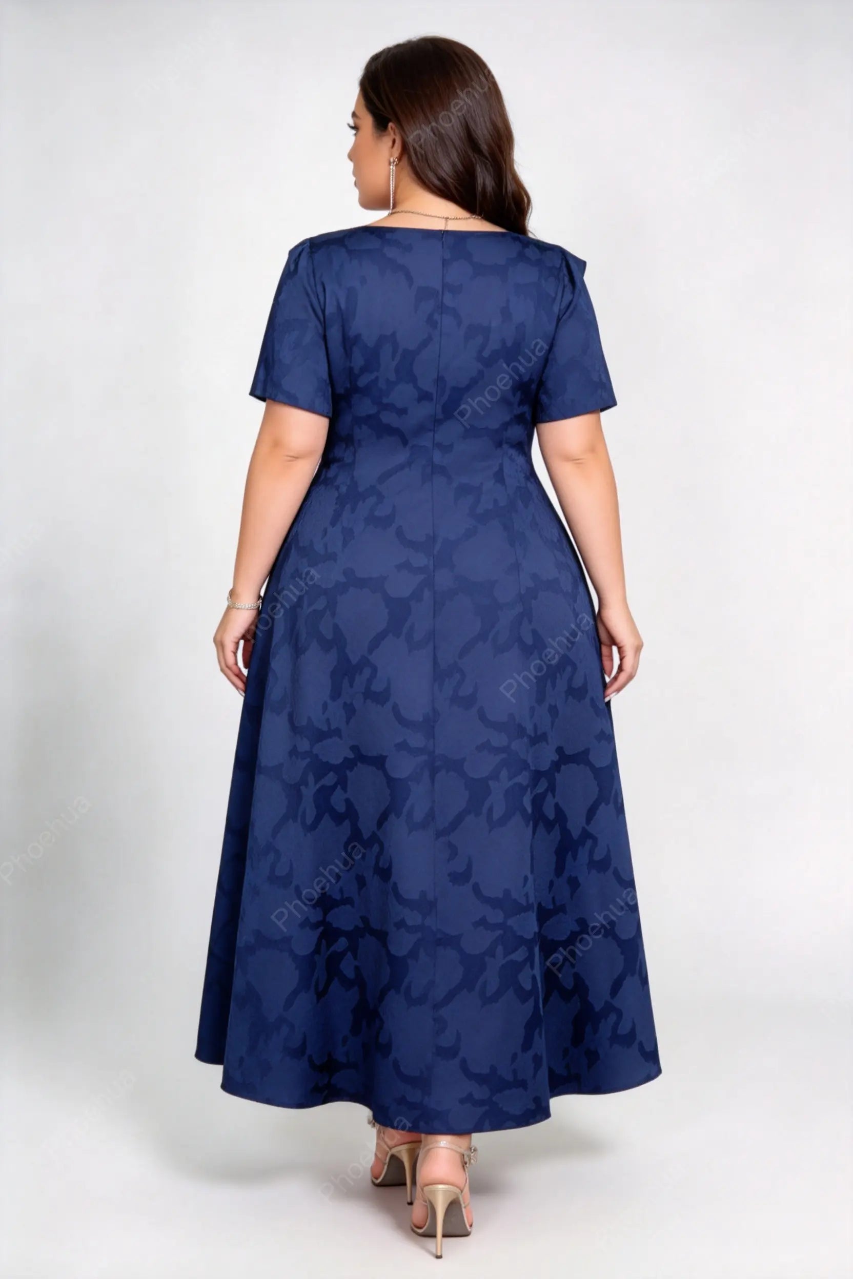 Plus Size Navy Blue Square Neck Short Sleeve Embossed Floral A-Line Midi Formal Wedding Guest Dress