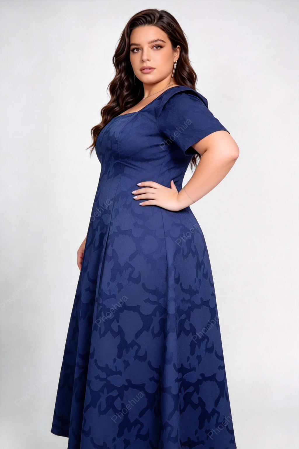 Plus Size Navy Blue Square Neck Short Sleeve Embossed Floral A-Line Midi Formal Wedding Guest Dress