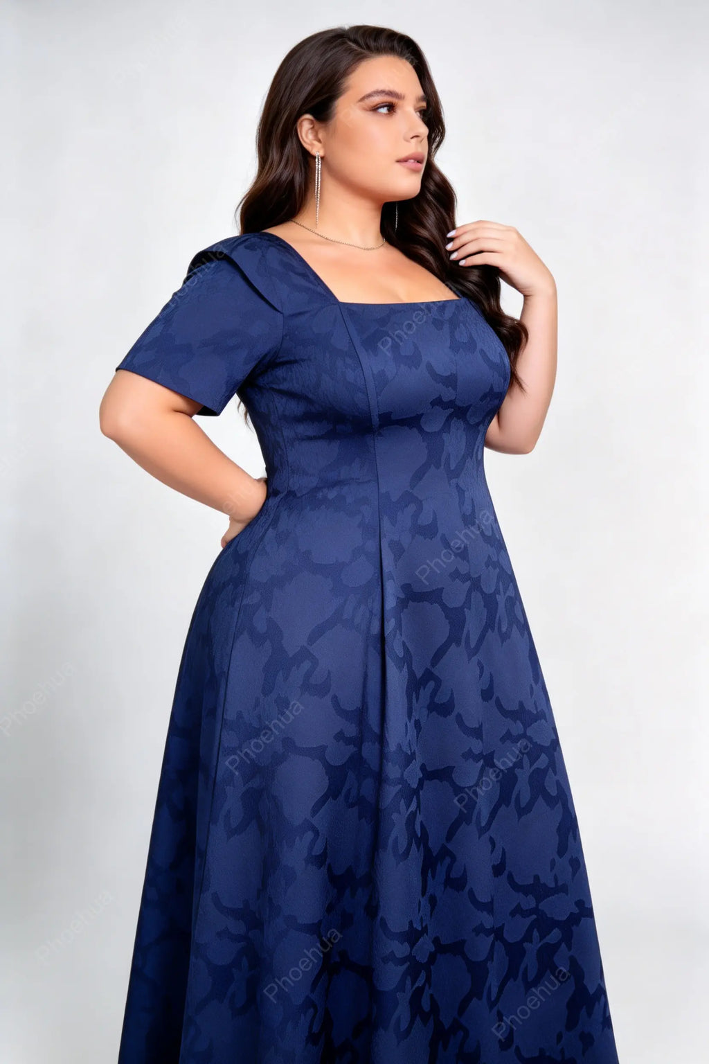 Plus Size Navy Blue Square Neck Short Sleeve Embossed Floral A-Line Midi Formal Wedding Guest Dress