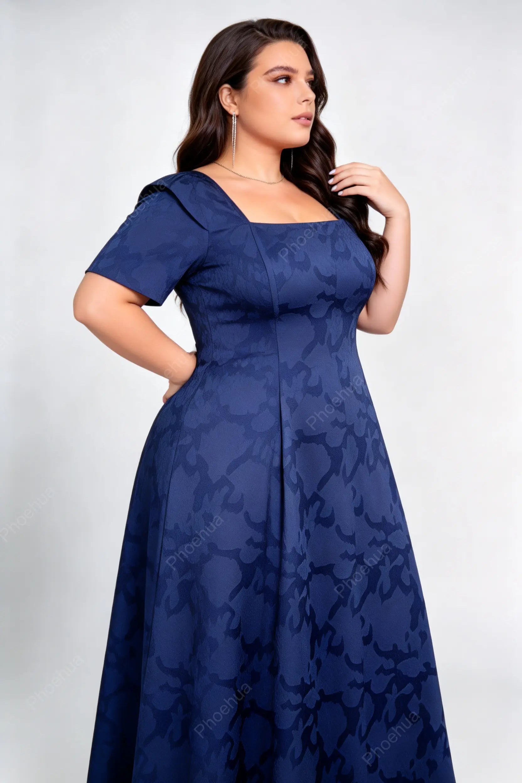 Plus Size Navy Blue Square Neck Short Sleeve Embossed Floral A-Line Midi Formal Wedding Guest Dress