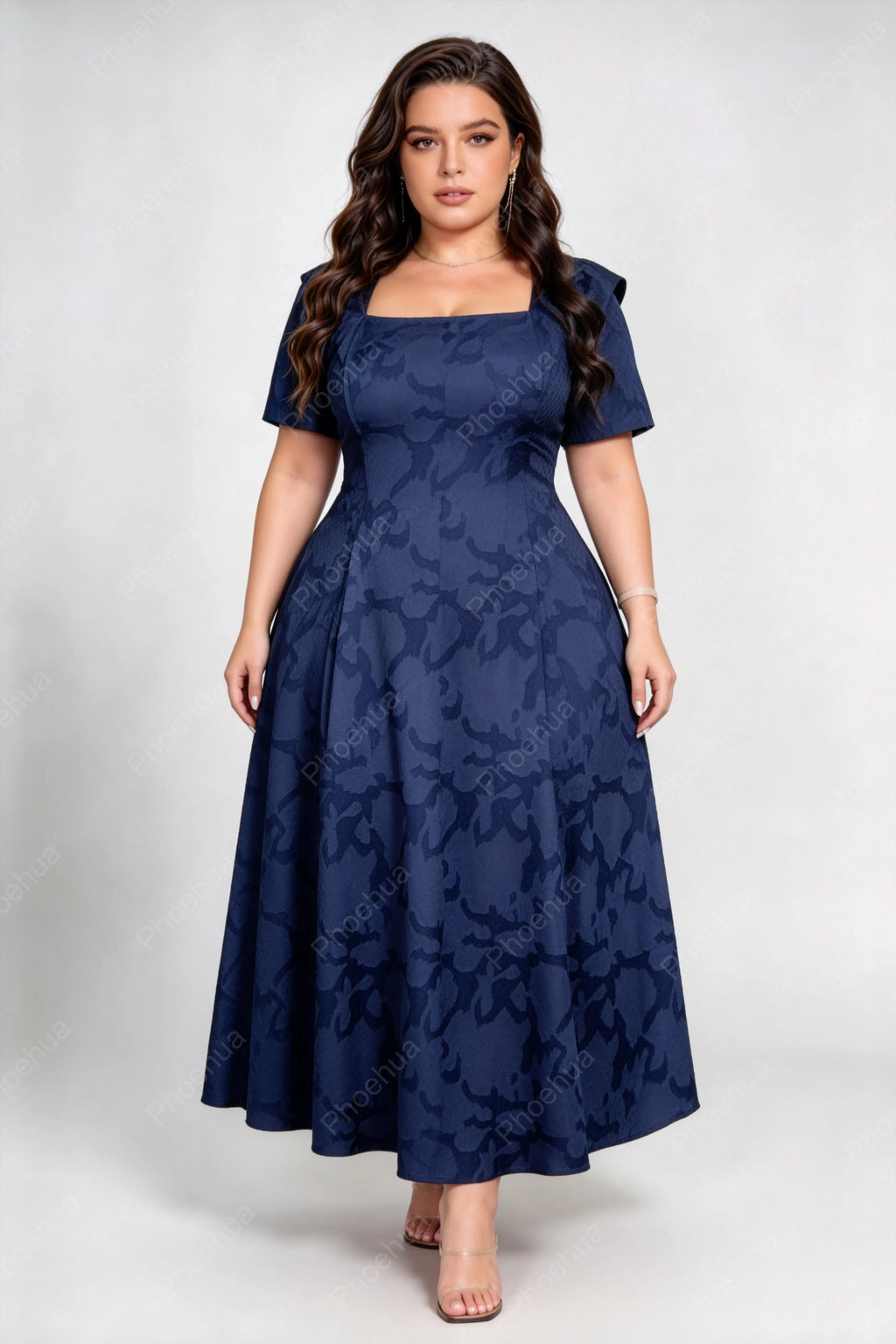 Plus Size Navy Blue Square Neck Short Sleeve Embossed Floral A-Line Midi Formal Wedding Guest Dress
