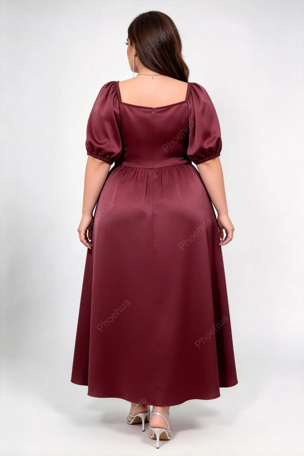 Plus Size Burgundy Satin Cross Wrap V Neck Puff Short Sleeve Square Back A Line Midi Wedding Guest Dress