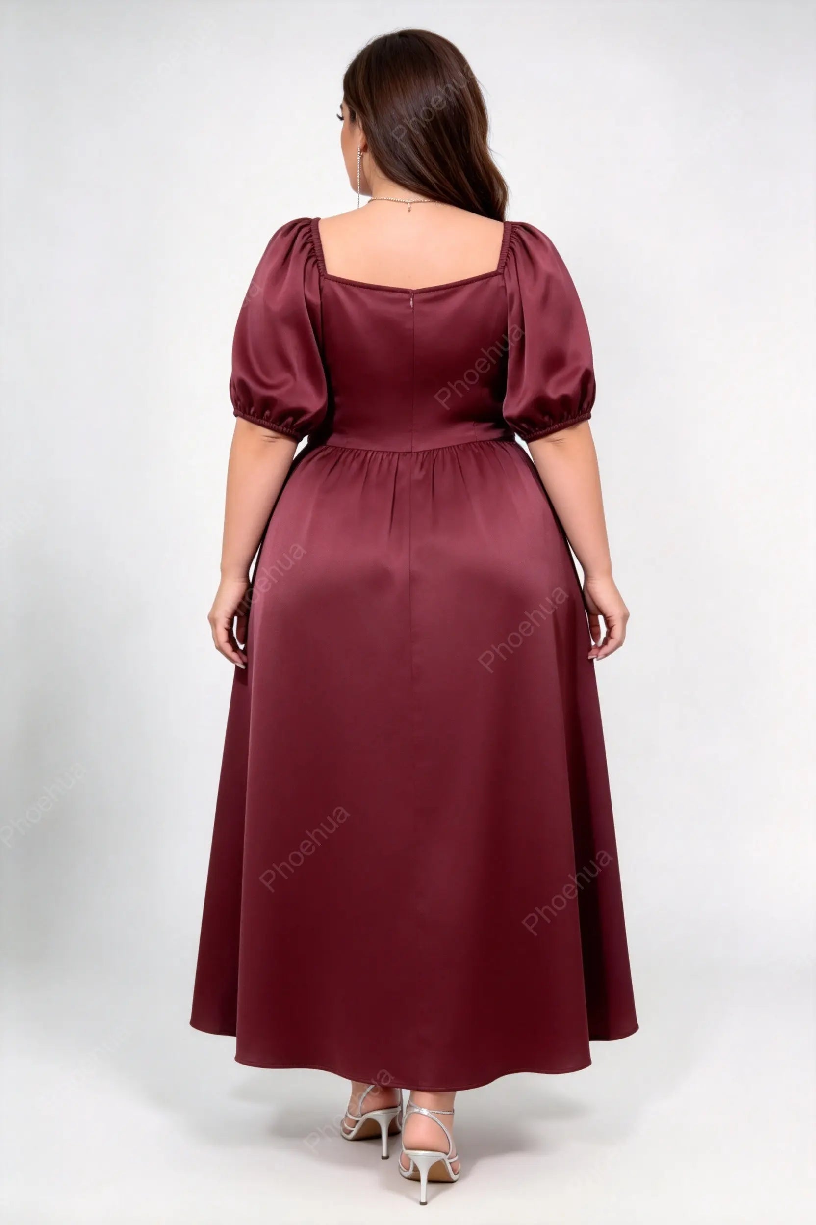 Plus Size Burgundy Satin Cross Wrap V Neck Puff Short Sleeve Square Back A Line Midi Wedding Guest Dress