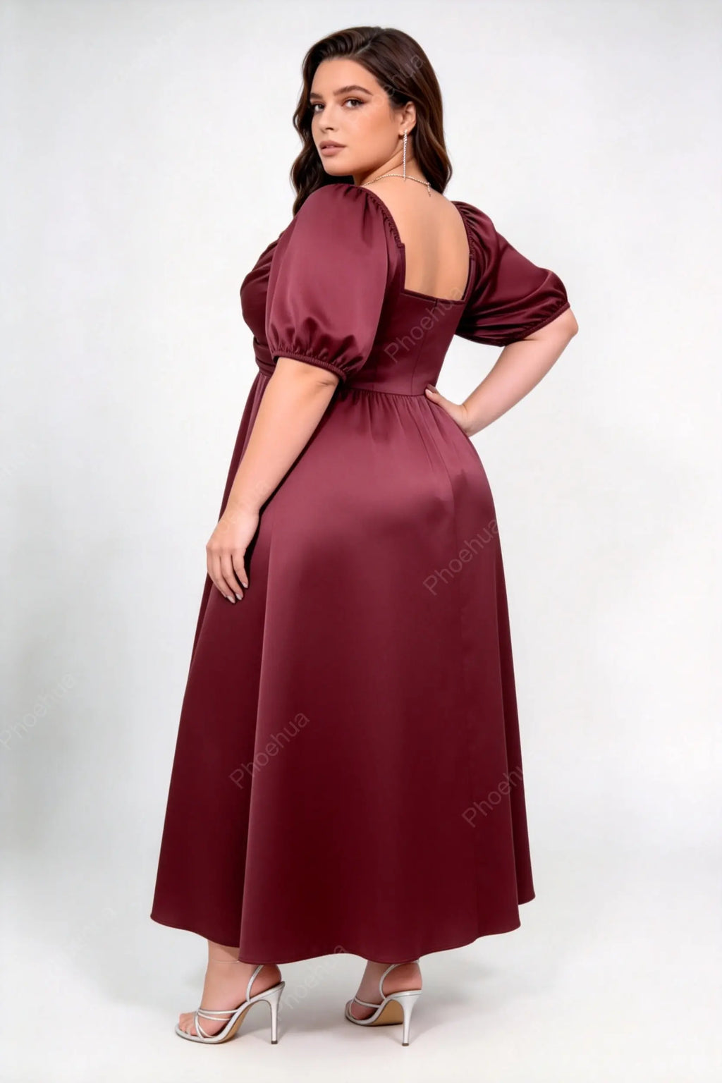 Plus Size Burgundy Satin Cross Wrap V Neck Puff Short Sleeve Square Back A Line Midi Wedding Guest Dress