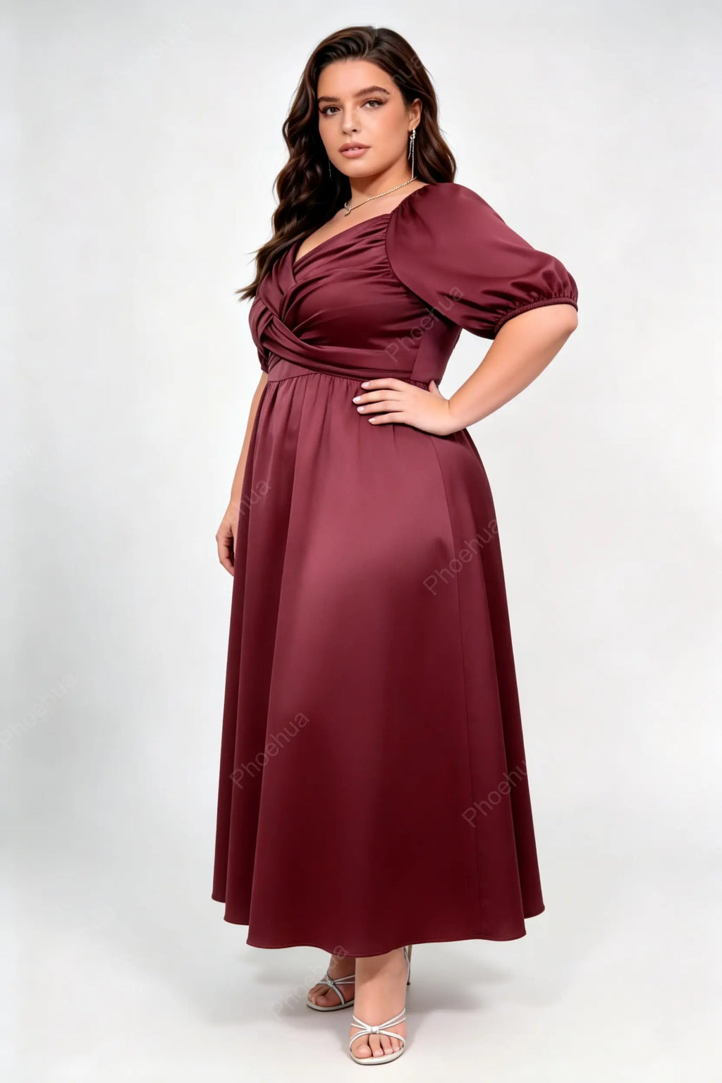 Plus Size Burgundy Satin Cross Wrap V Neck Puff Short Sleeve Square Back A Line Midi Wedding Guest Dress