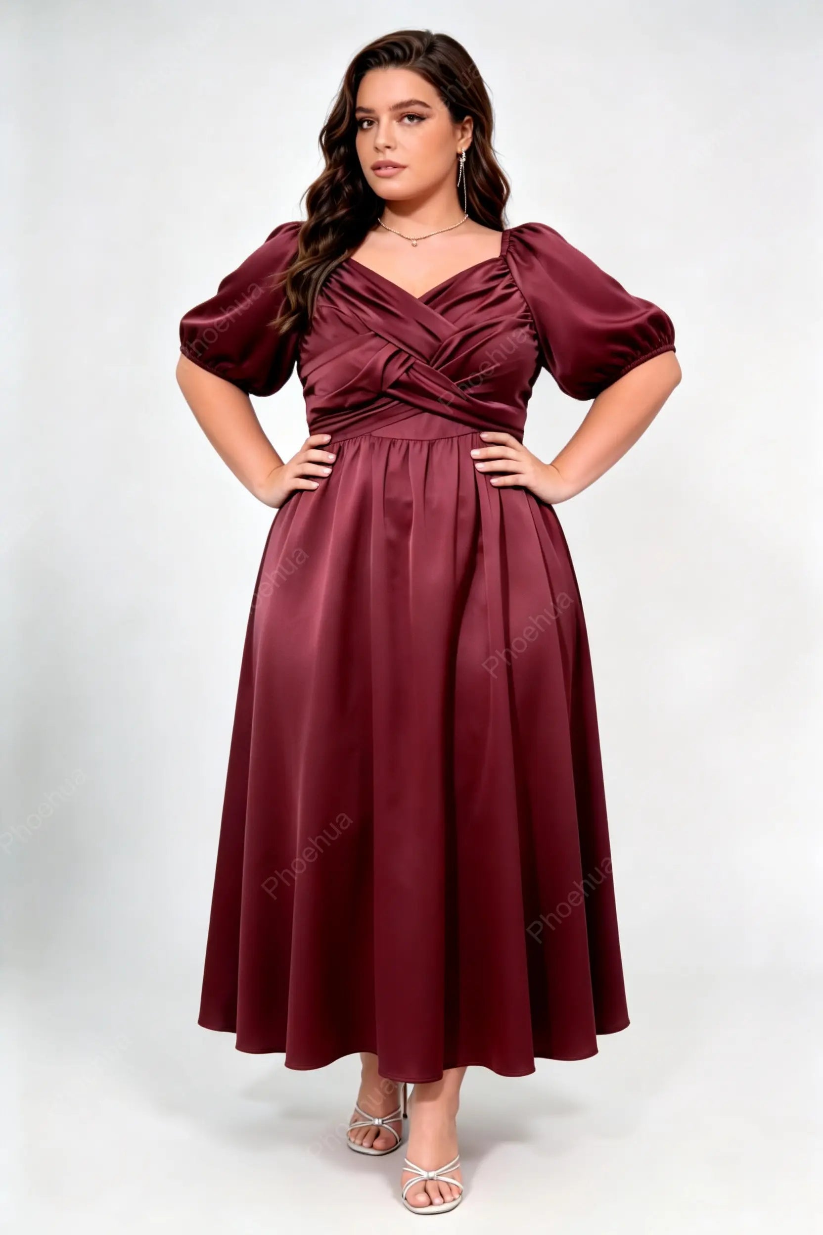 Plus Size Burgundy Satin Cross Wrap V Neck Puff Short Sleeve Square Back A Line Midi Wedding Guest Dress