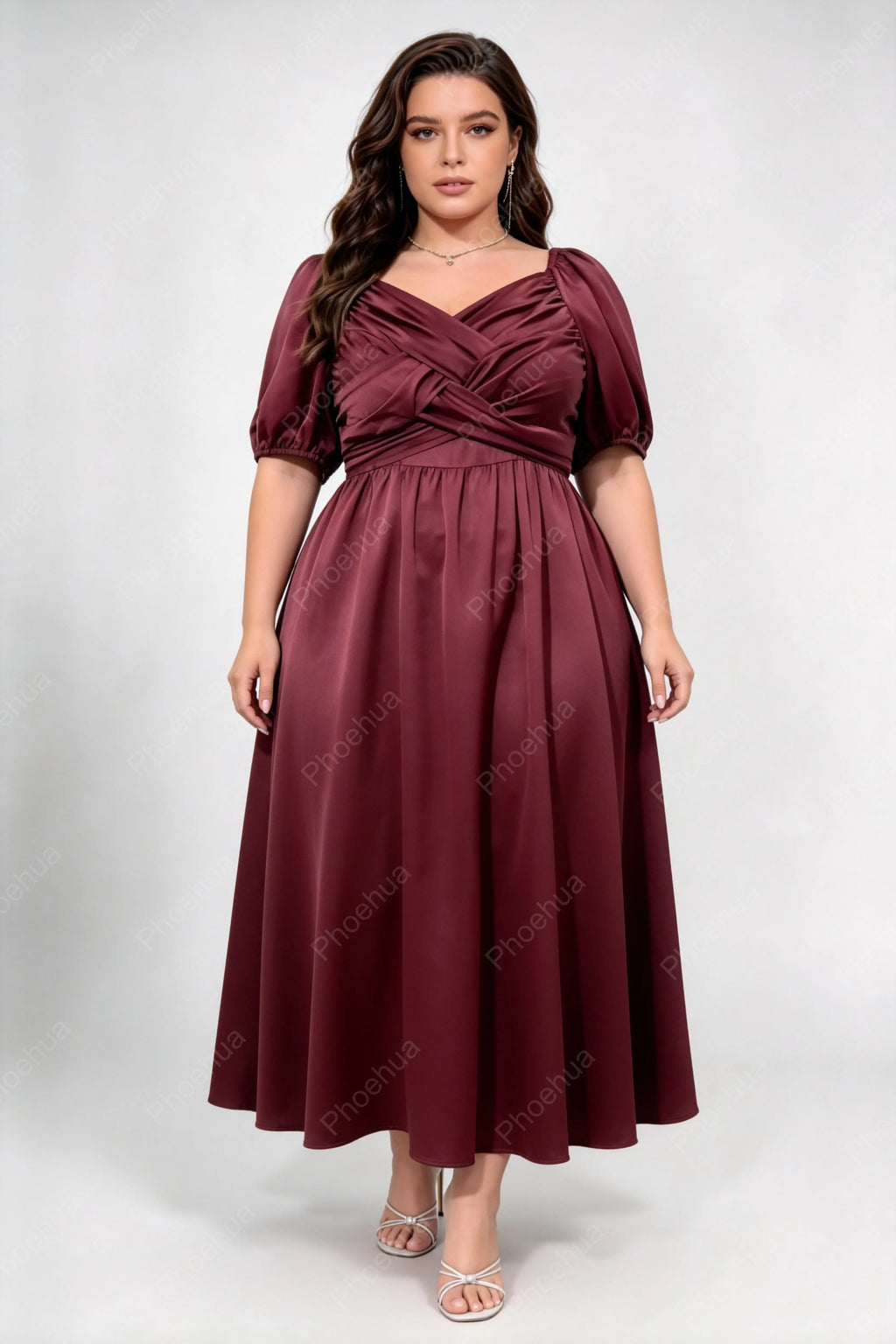 Plus Size Burgundy Satin Cross Wrap V Neck Puff Short Sleeve Square Back A Line Midi Wedding Guest Dress