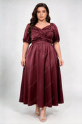 Plus Size Burgundy Satin Cross Wrap V Neck Puff Short Sleeve Square Back A Line Midi Wedding Guest Dress