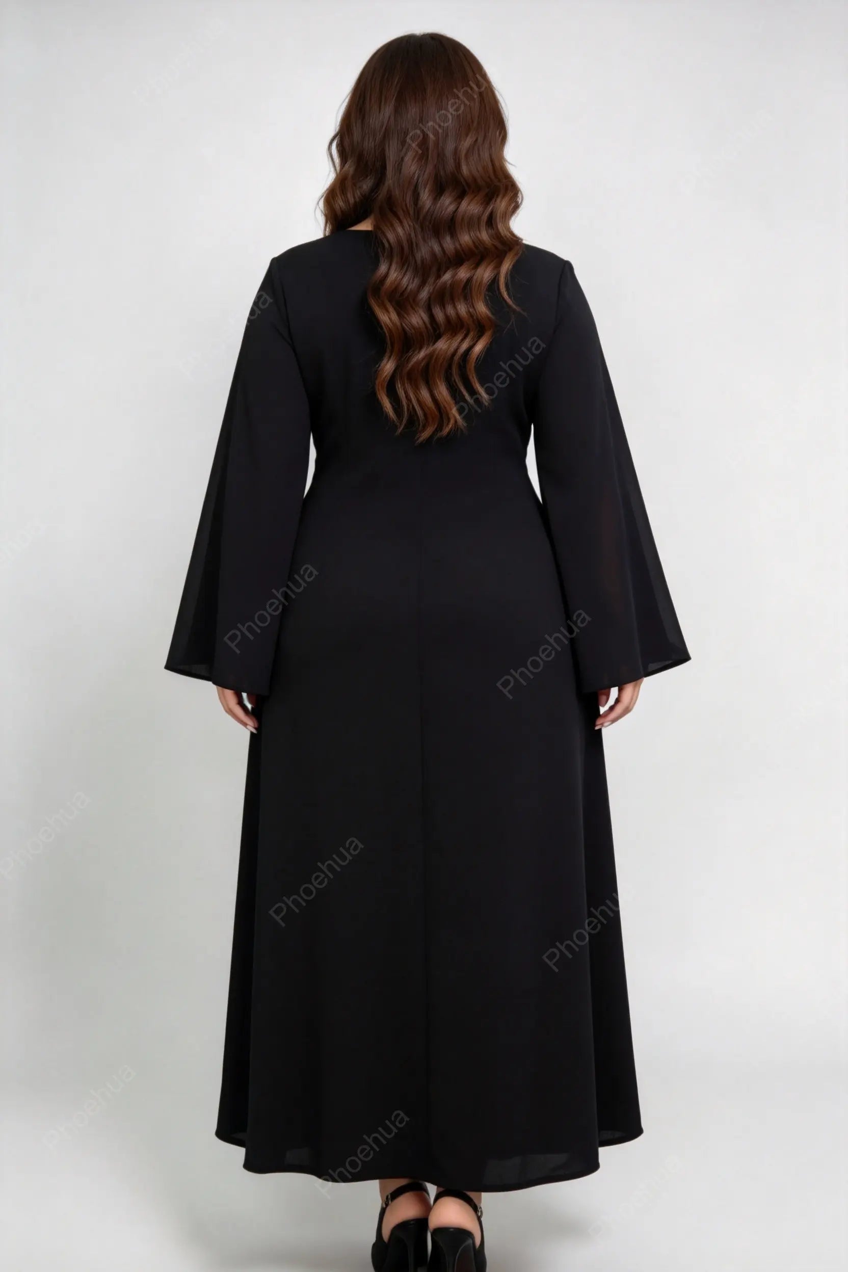 Plus Size Black Square Neck Bell Long Sleeve Sequin Lace Spliced A Line Midi Formal Evening Dress