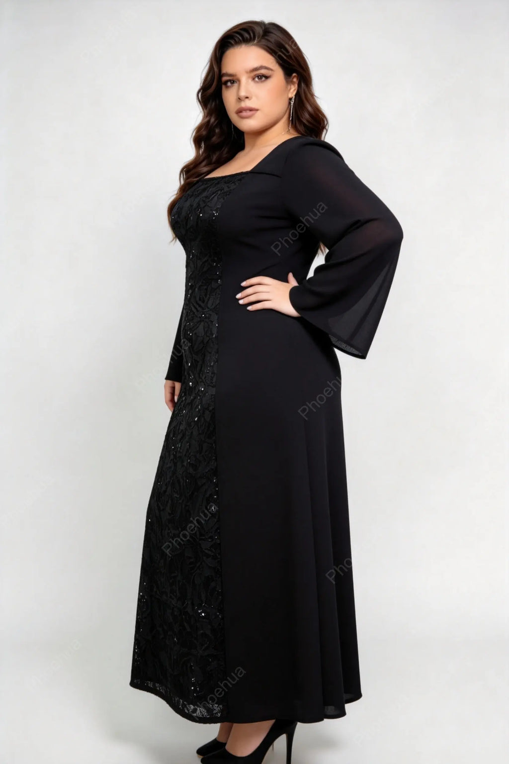 Plus Size Black Square Neck Bell Long Sleeve Sequin Lace Spliced A Line Midi Formal Evening Dress