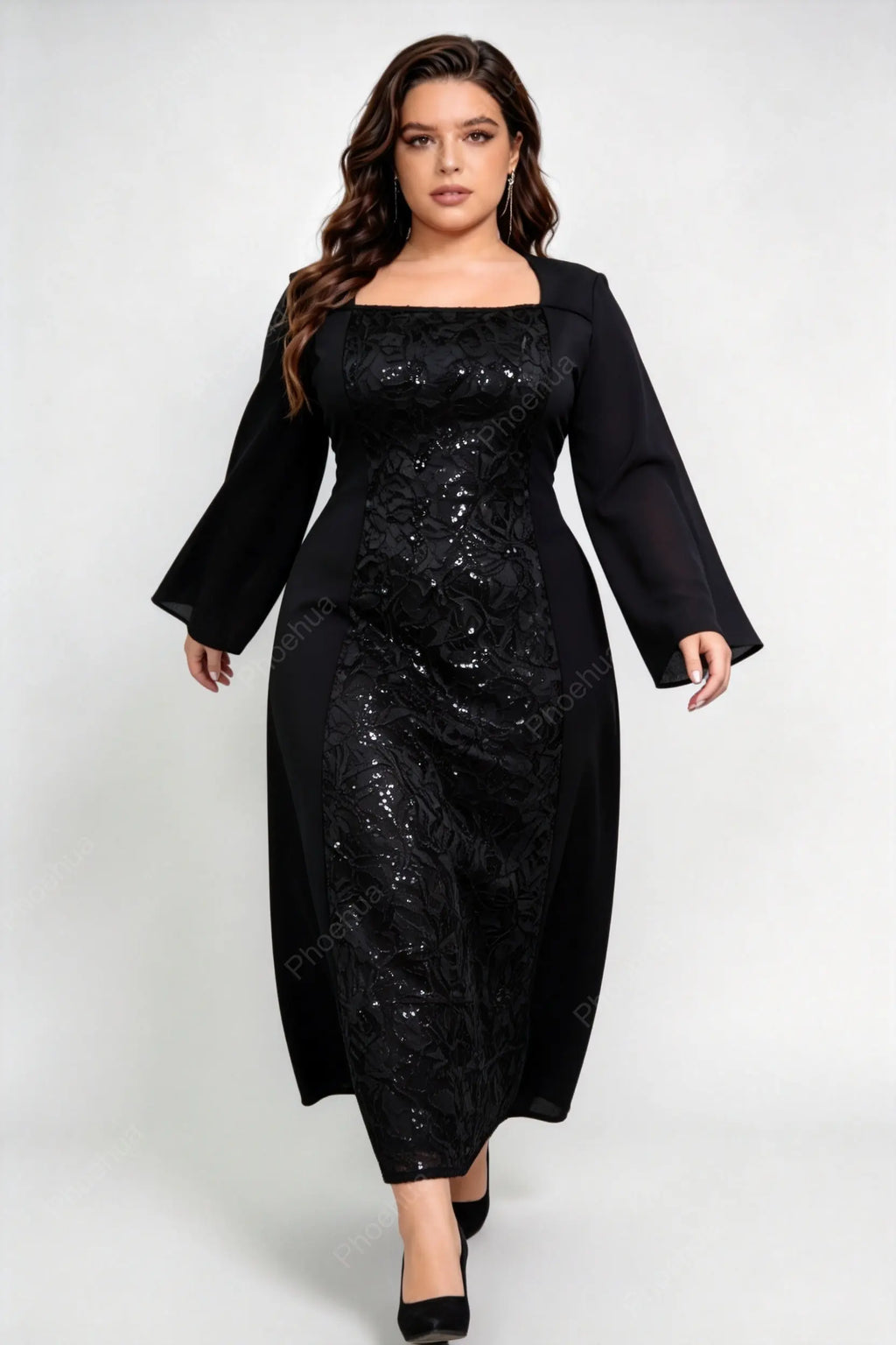 Plus Size Black Square Neck Bell Long Sleeve Sequin Lace Spliced A Line Midi Formal Evening Dress