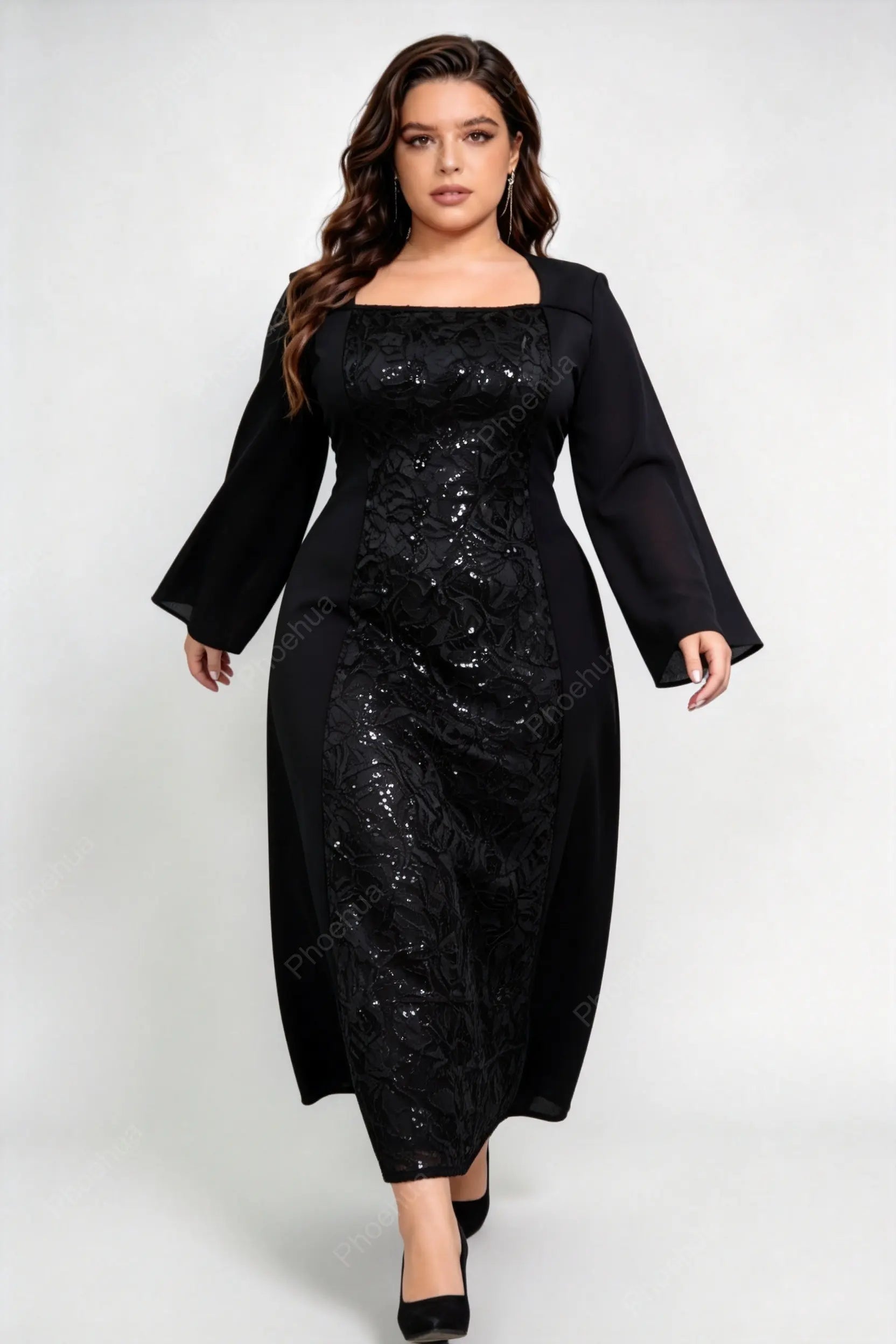 Plus Size Black Square Neck Bell Long Sleeve Sequin Lace Spliced A Line Midi Formal Evening Dress