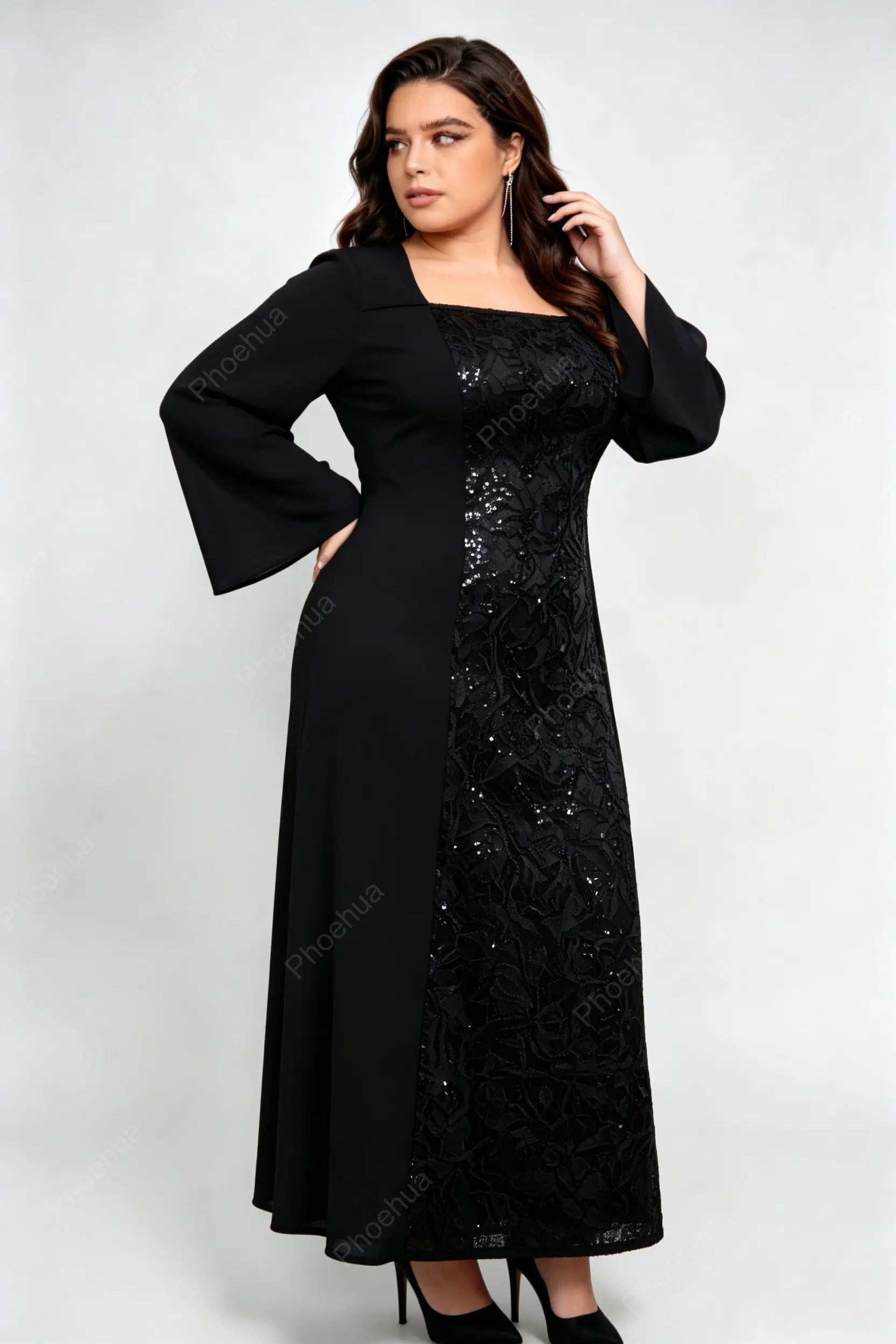 Plus Size Black Square Neck Bell Long Sleeve Sequin Lace Spliced A Line Midi Formal Evening Dress