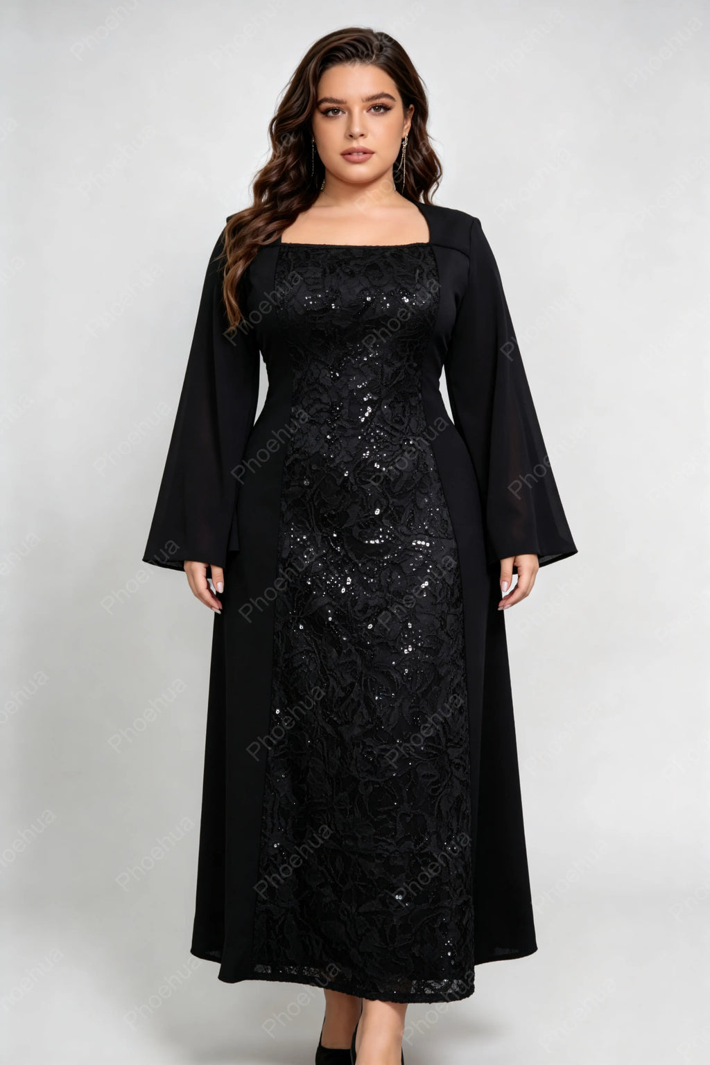 Plus Size Black Square Neck Bell Long Sleeve Sequin Lace Spliced A Line Midi Formal Evening Dress