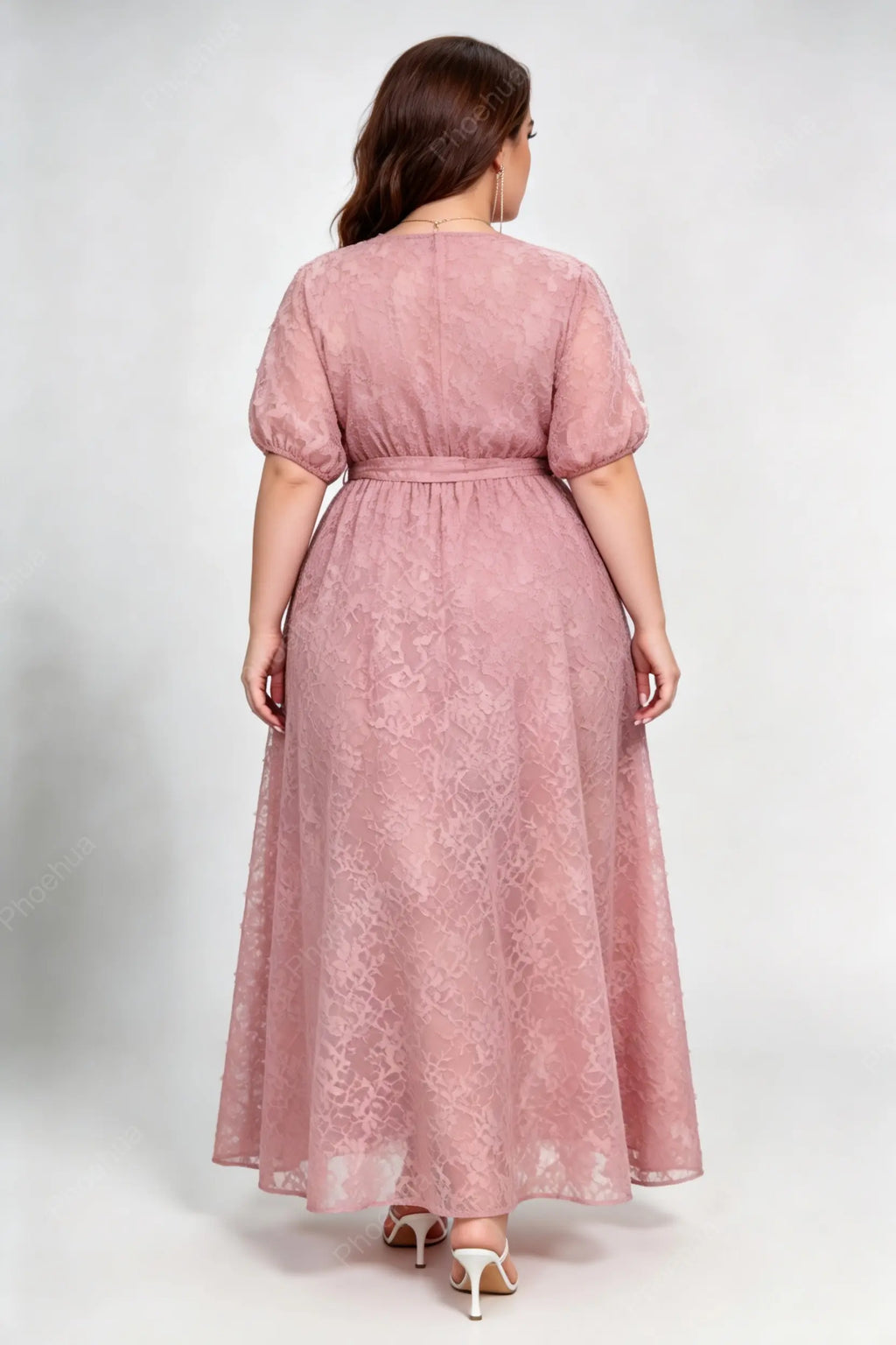 Plus Size Dusty Pink Wrap V Neck Puff Short Sleeve Self Tie Belt 3D Floral Lace A Line Maxi Wedding Guest Dress