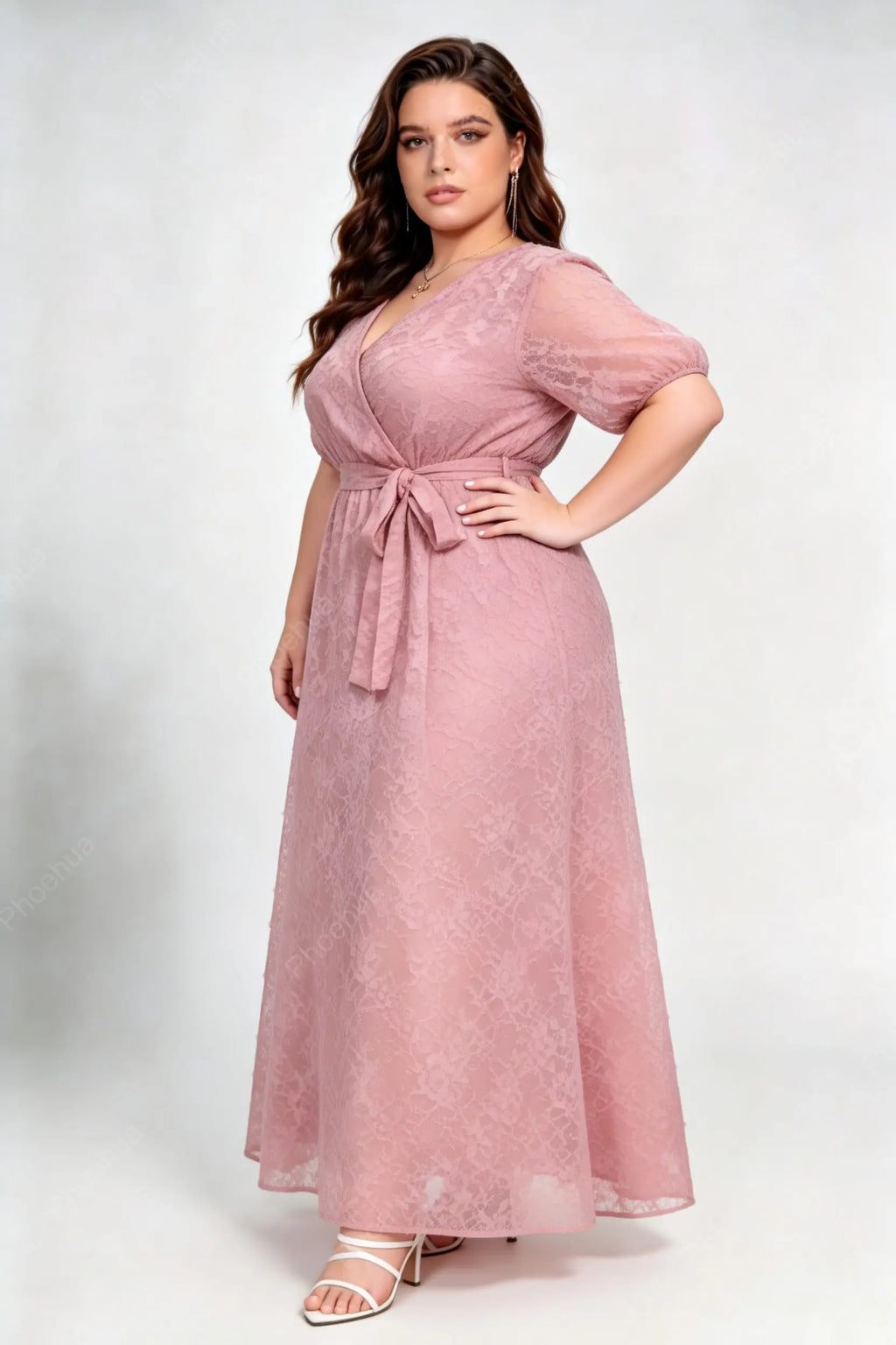 Plus Size Dusty Pink Wrap V Neck Puff Short Sleeve Self Tie Belt 3D Floral Lace A Line Maxi Wedding Guest Dress