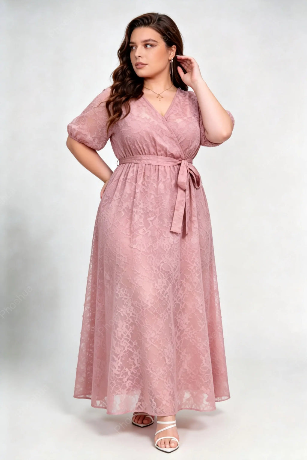 Plus Size Dusty Pink Wrap V Neck Puff Short Sleeve Self Tie Belt 3D Floral Lace A Line Maxi Wedding Guest Dress