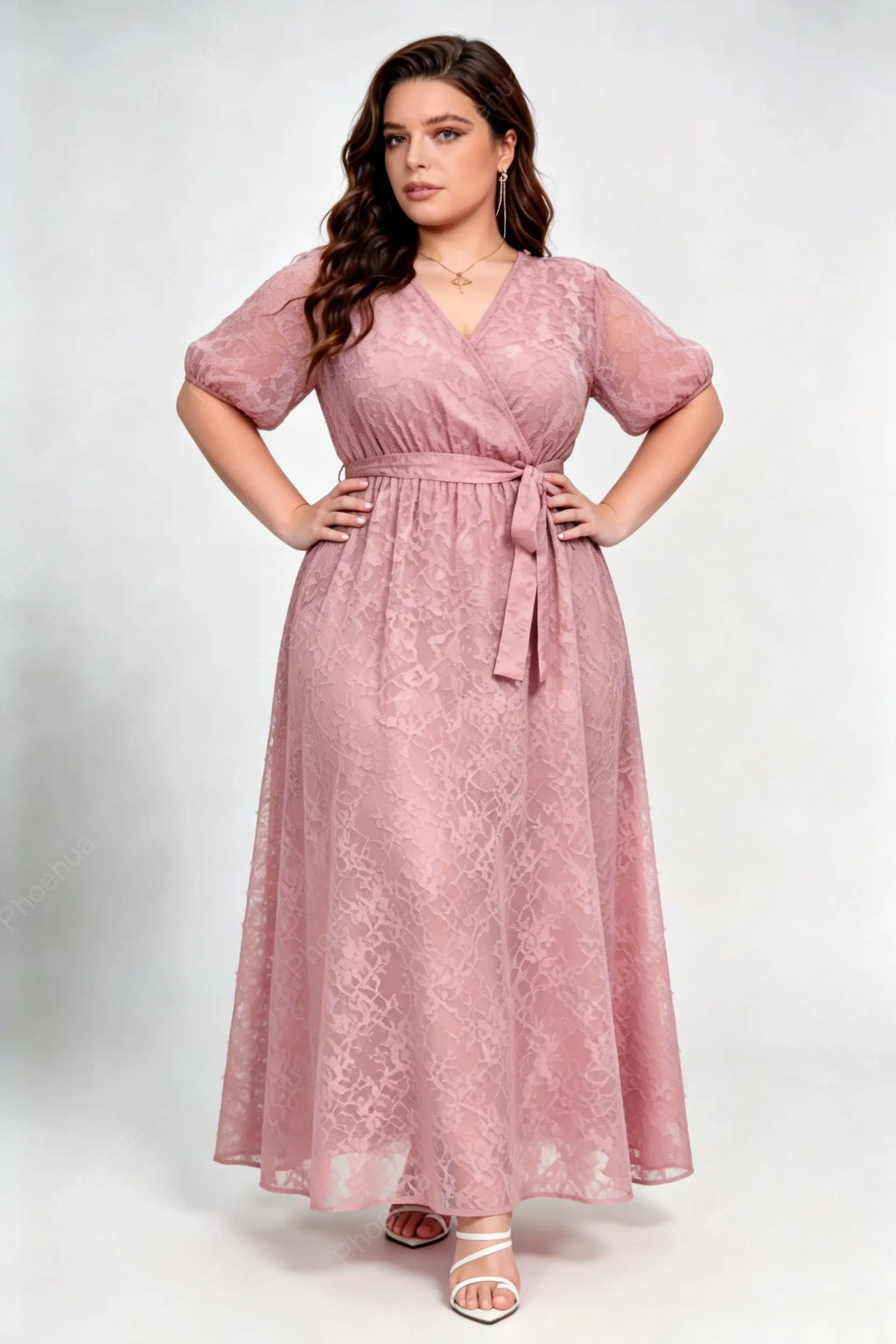Plus Size Dusty Pink Wrap V Neck Puff Short Sleeve Self Tie Belt 3D Floral Lace A Line Maxi Wedding Guest Dress