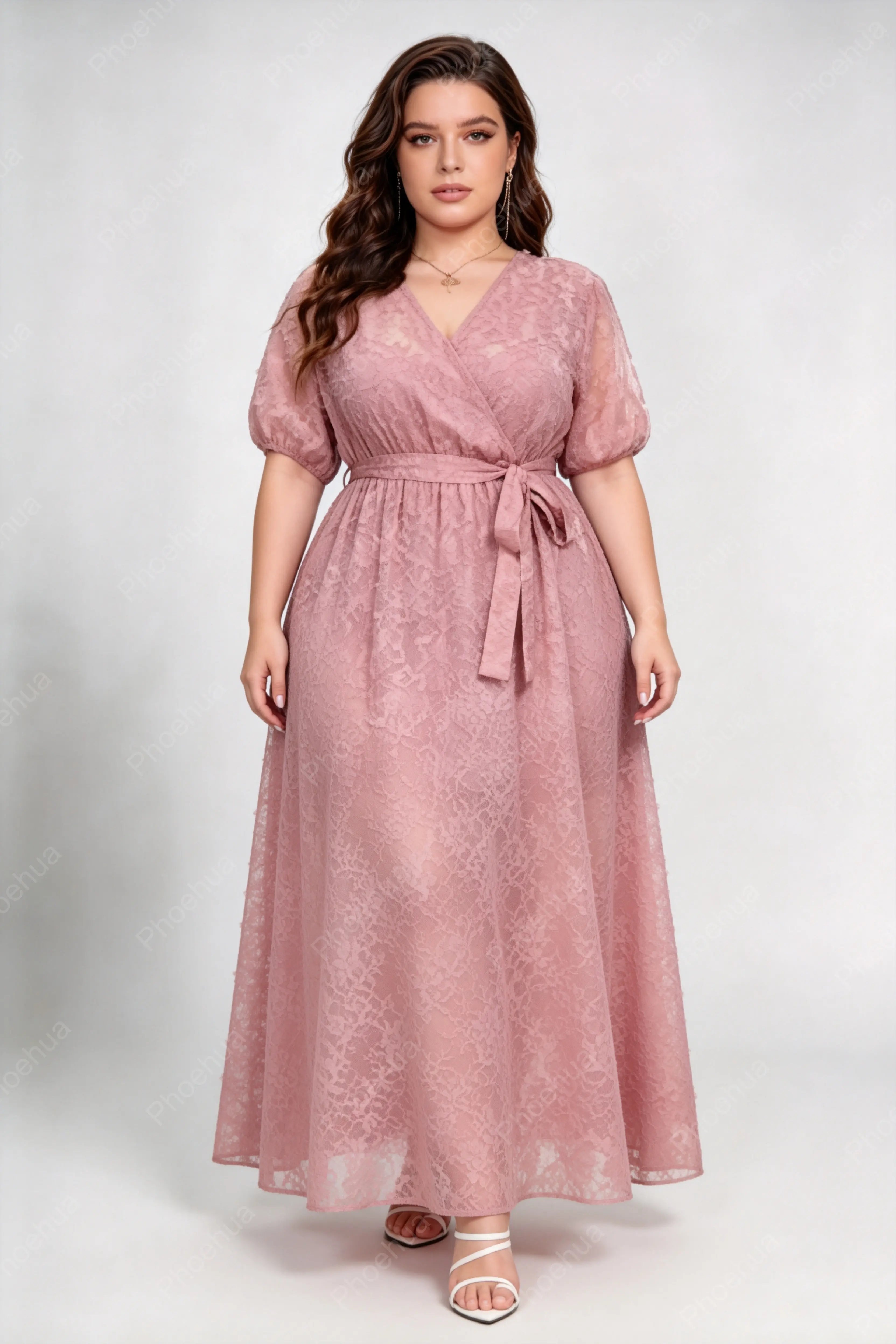 Plus Size Dusty Pink Wrap V Neck Puff Short Sleeve Self Tie Belt 3D Floral Lace A Line Maxi Wedding Guest Dress