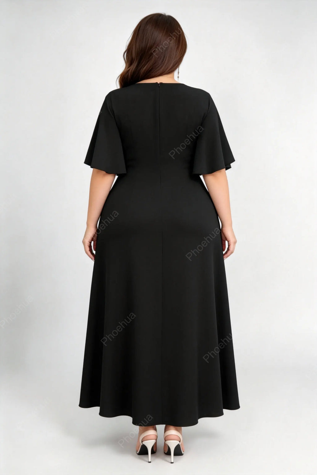 Plus Size Black Twist Sweetheart Square Neck Pearl Button Flutter Short Sleeve A Line Maxi Formal Dress