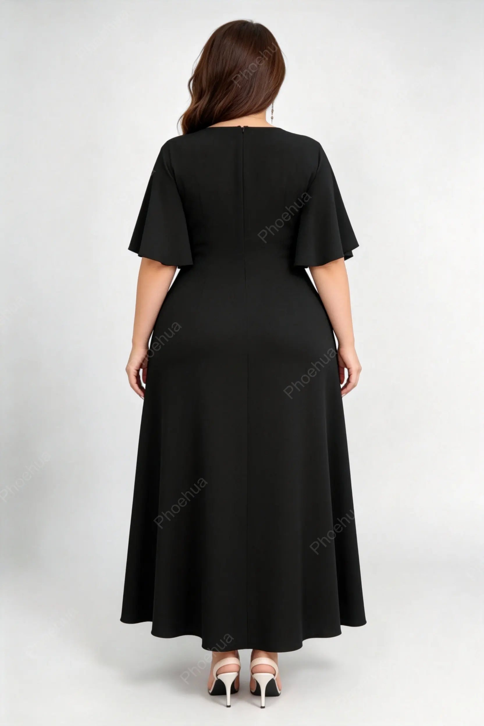 Plus Size Black Twist Sweetheart Square Neck Pearl Button Flutter Short Sleeve A Line Maxi Formal Dress