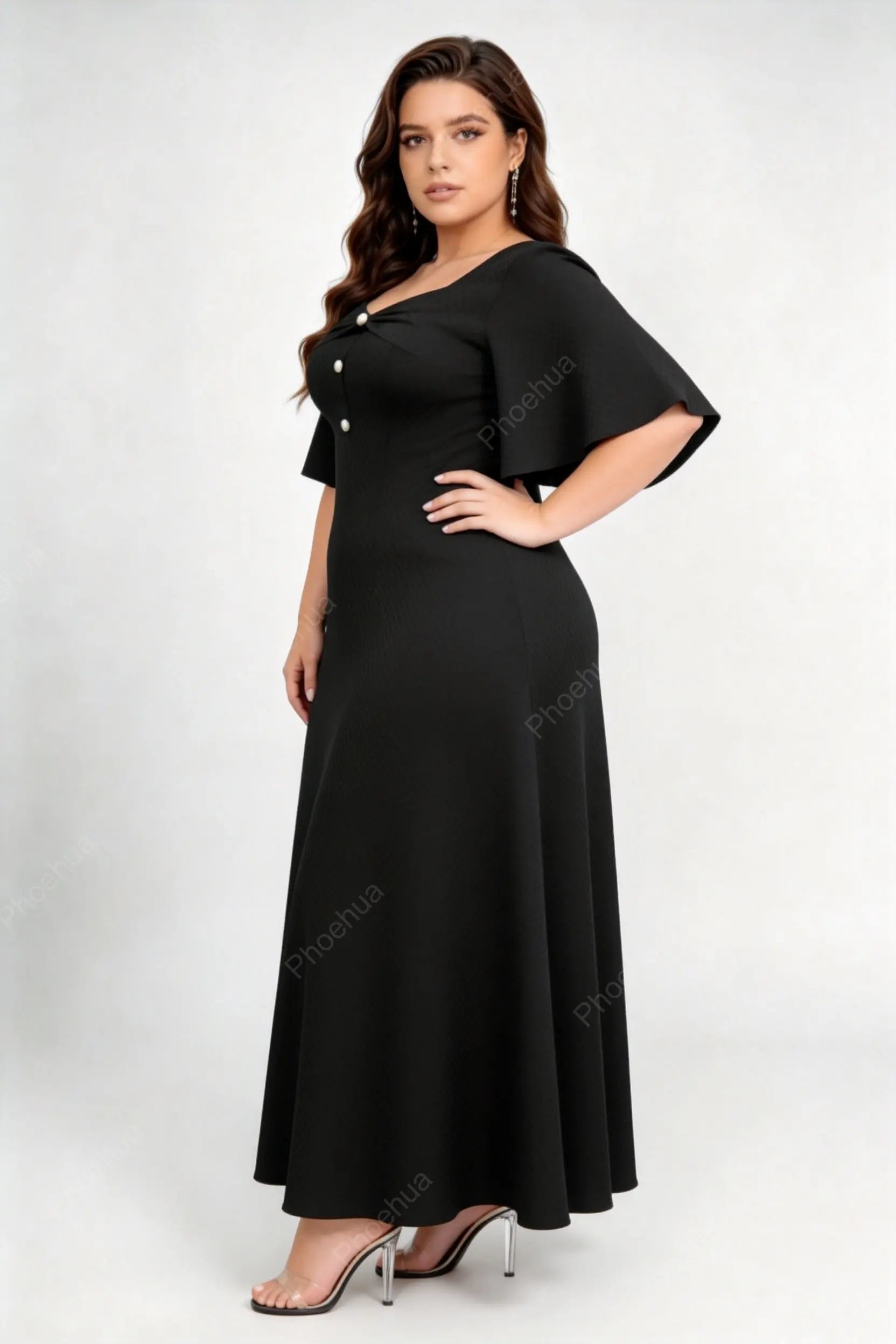 Plus Size Black Twist Sweetheart Square Neck Pearl Button Flutter Short Sleeve A Line Maxi Formal Dress