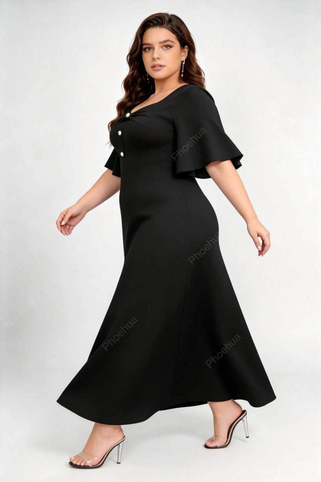 Plus Size Black Twist Sweetheart Square Neck Pearl Button Flutter Short Sleeve A Line Maxi Formal Dress