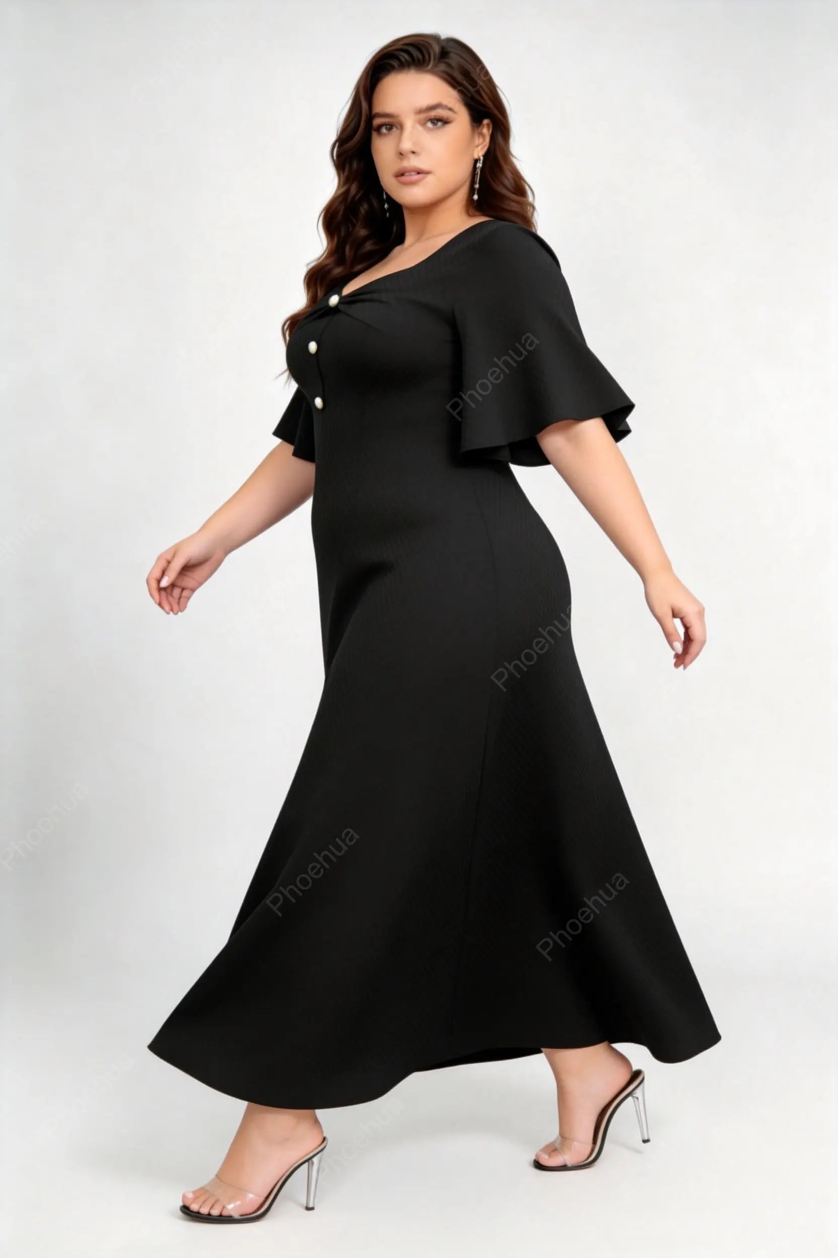 Plus Size Black Twist Sweetheart Square Neck Pearl Button Flutter Short Sleeve A Line Maxi Formal Dress