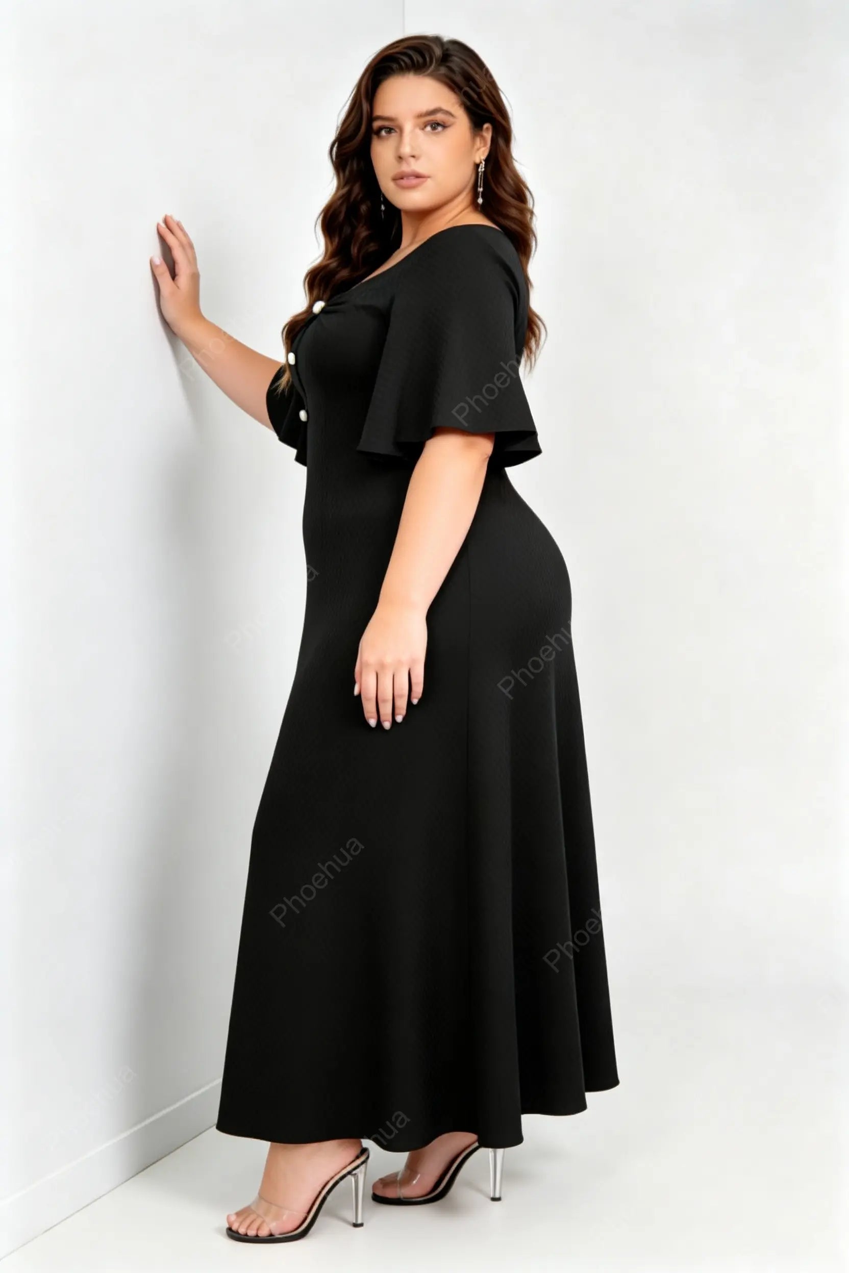 Plus Size Black Twist Sweetheart Square Neck Pearl Button Flutter Short Sleeve A Line Maxi Formal Dress