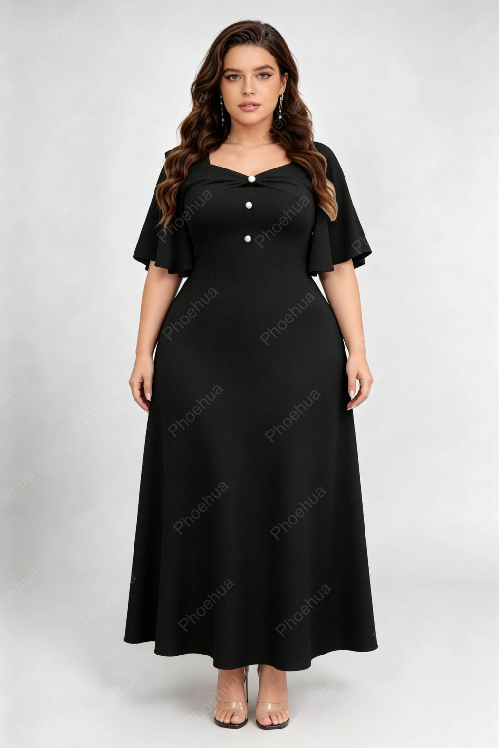 Plus Size Black Twist Sweetheart Square Neck Pearl Button Flutter Short Sleeve A Line Maxi Formal Dress