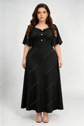 Plus Size Black Twist Sweetheart Square Neck Pearl Button Flutter Short Sleeve A Line Maxi Formal Dress