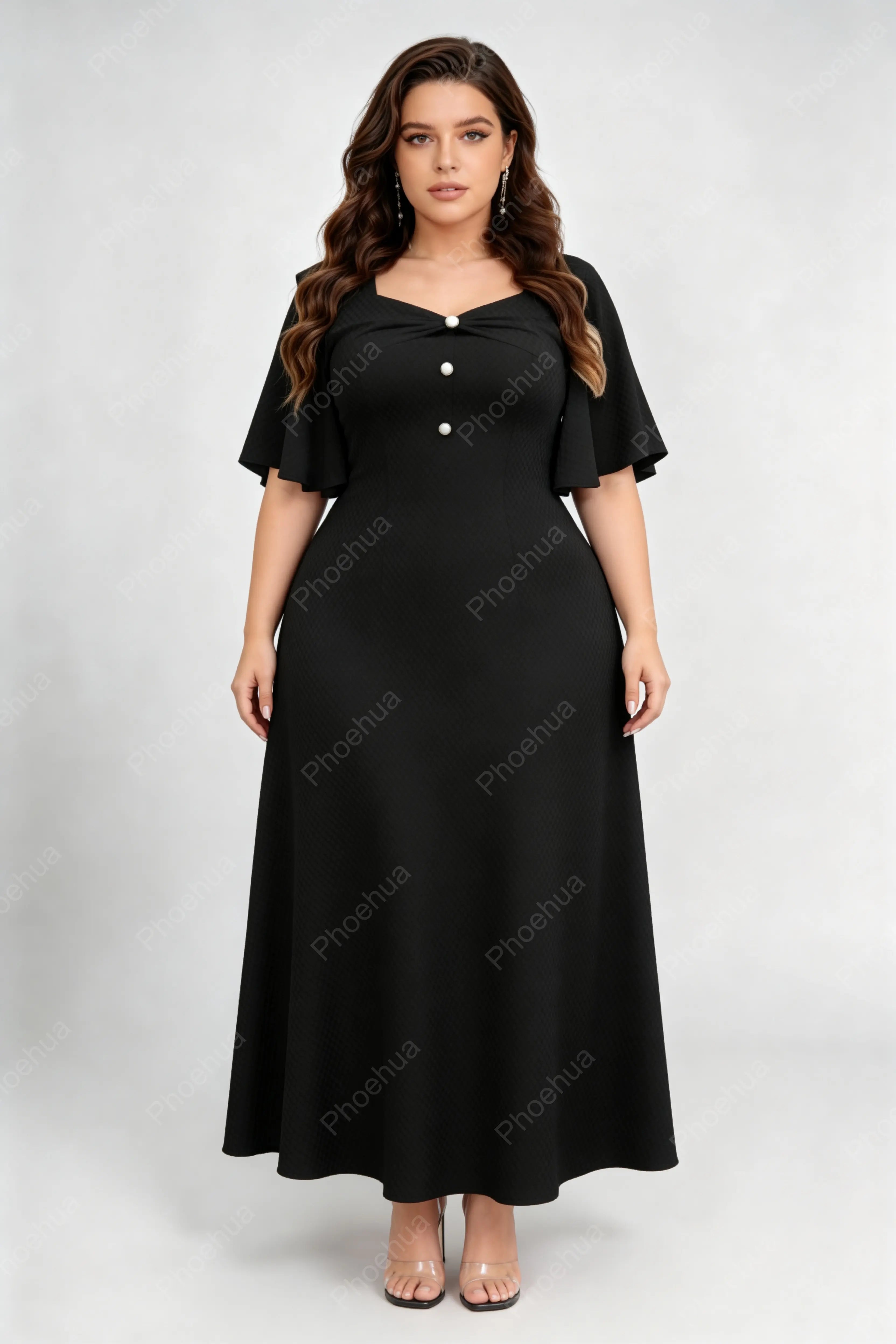 Plus Size Black Twist Sweetheart Square Neck Pearl Button Flutter Short Sleeve A Line Maxi Formal Dress