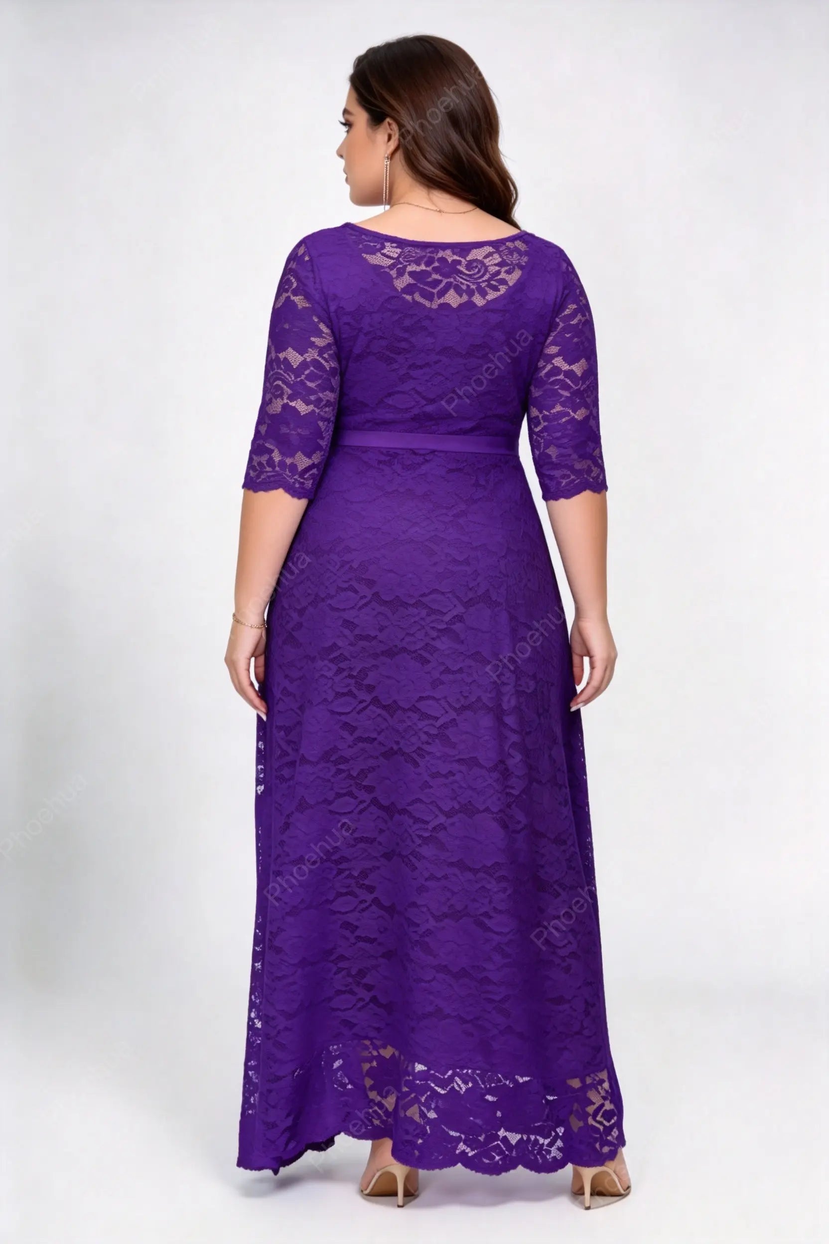 Plus Size Purple Round Neck Three Quarter Sleeve Solid Floral Lace A Line Maxi Wedding Guest Formal Dress