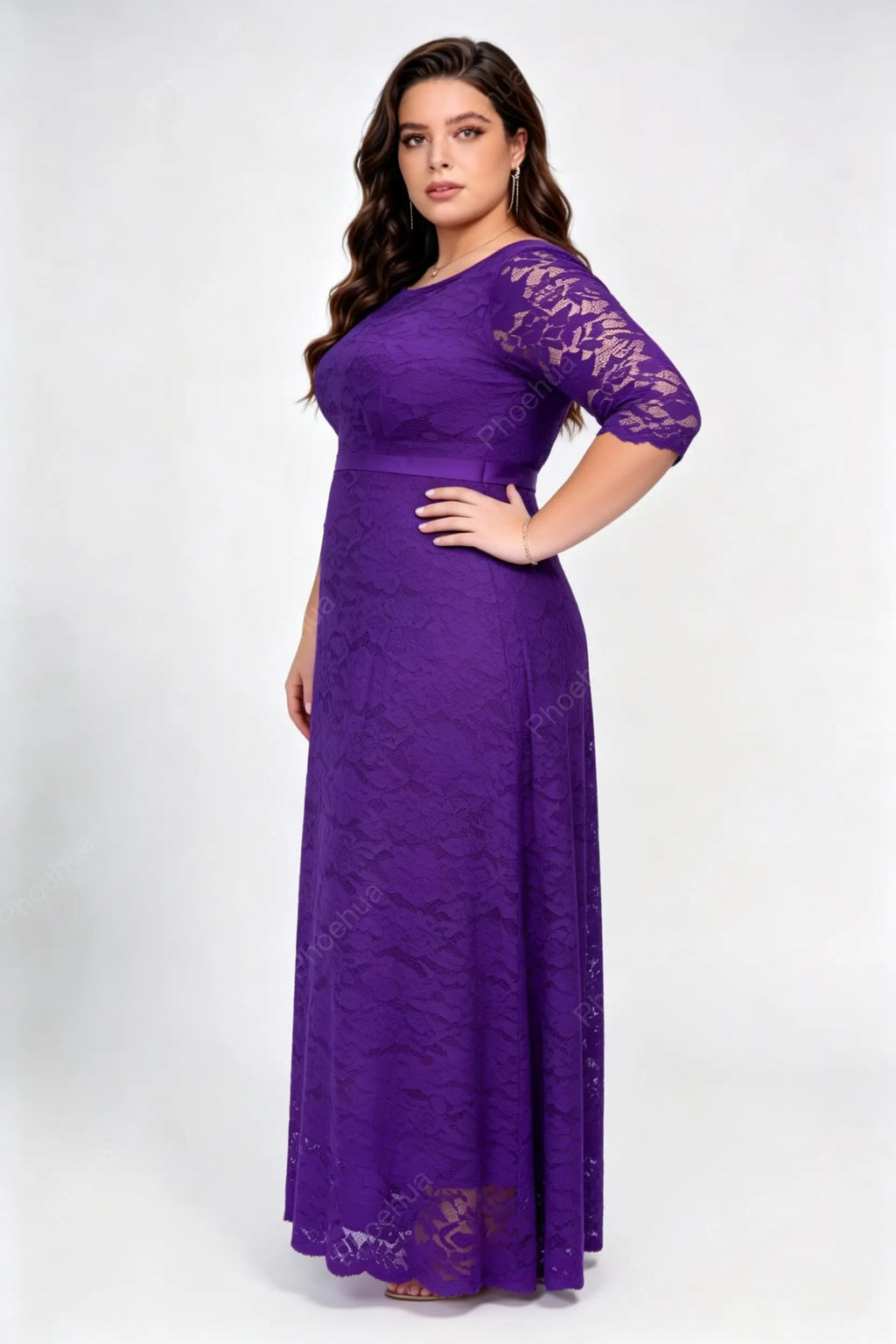 Plus Size Purple Round Neck Three Quarter Sleeve Solid Floral Lace A Line Maxi Wedding Guest Formal Dress