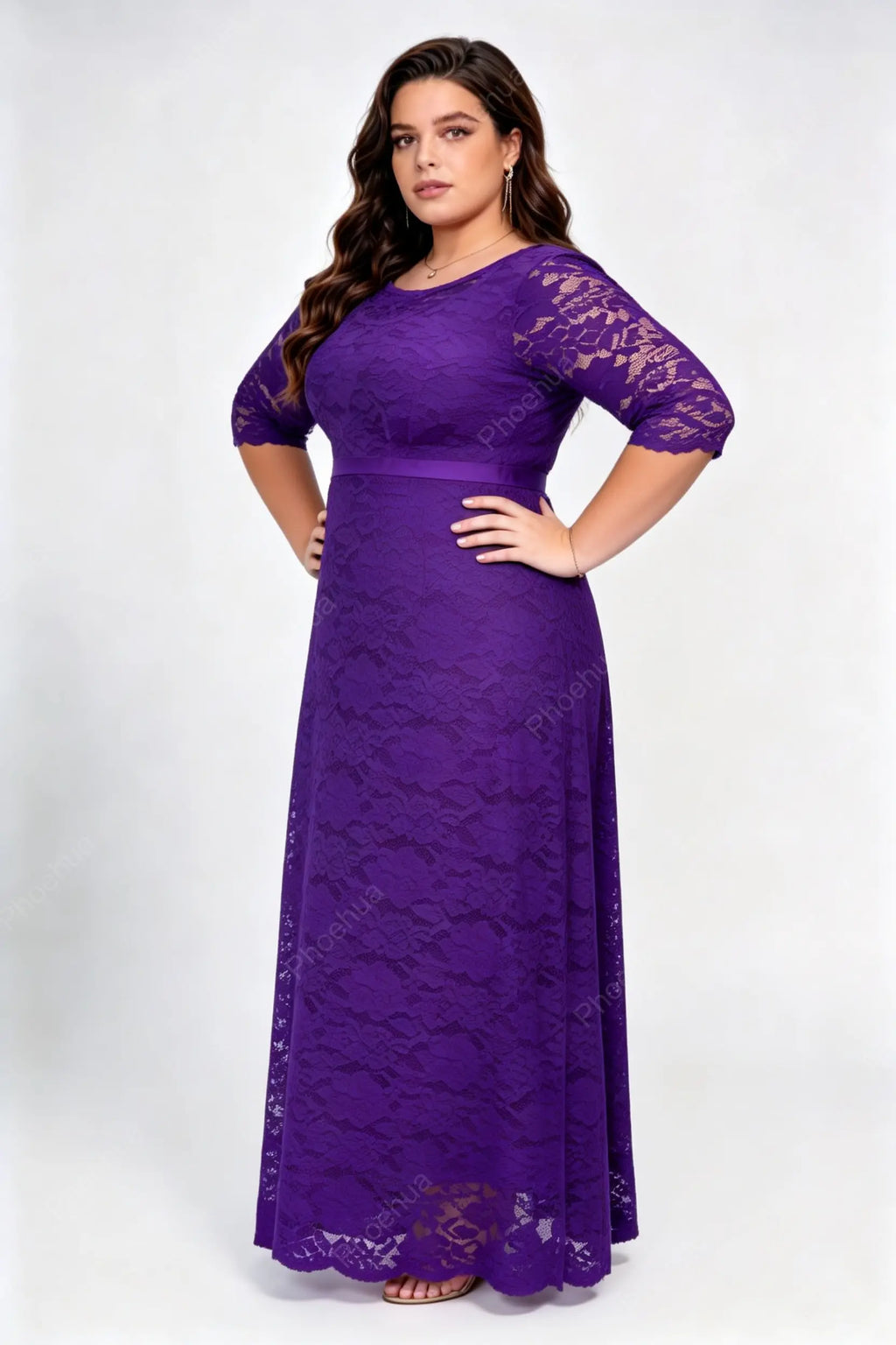 Plus Size Purple Round Neck Three Quarter Sleeve Solid Floral Lace A Line Maxi Wedding Guest Formal Dress