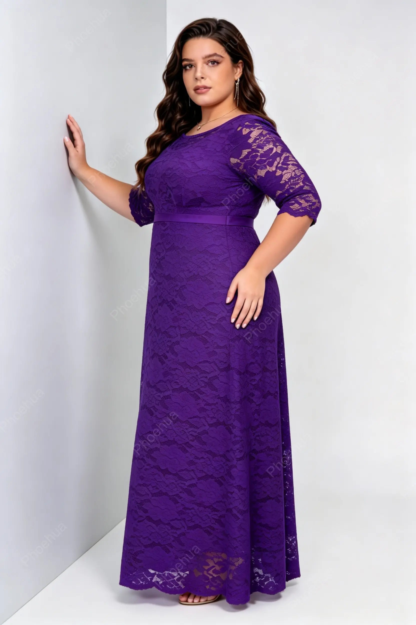 Plus Size Purple Round Neck Three Quarter Sleeve Solid Floral Lace A Line Maxi Wedding Guest Formal Dress