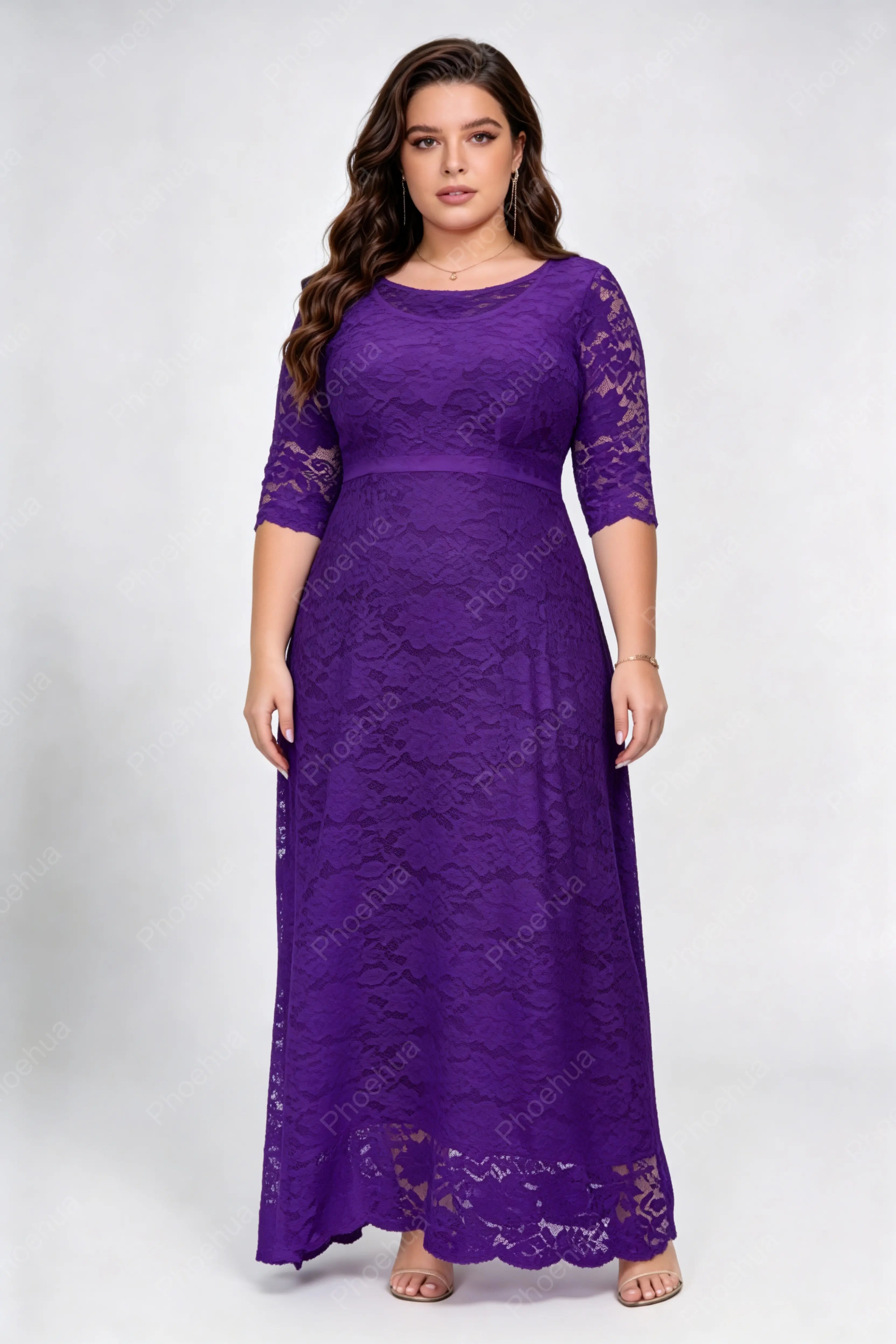 Plus Size Purple Round Neck Three Quarter Sleeve Solid Floral Lace A Line Maxi Wedding Guest Formal Dress