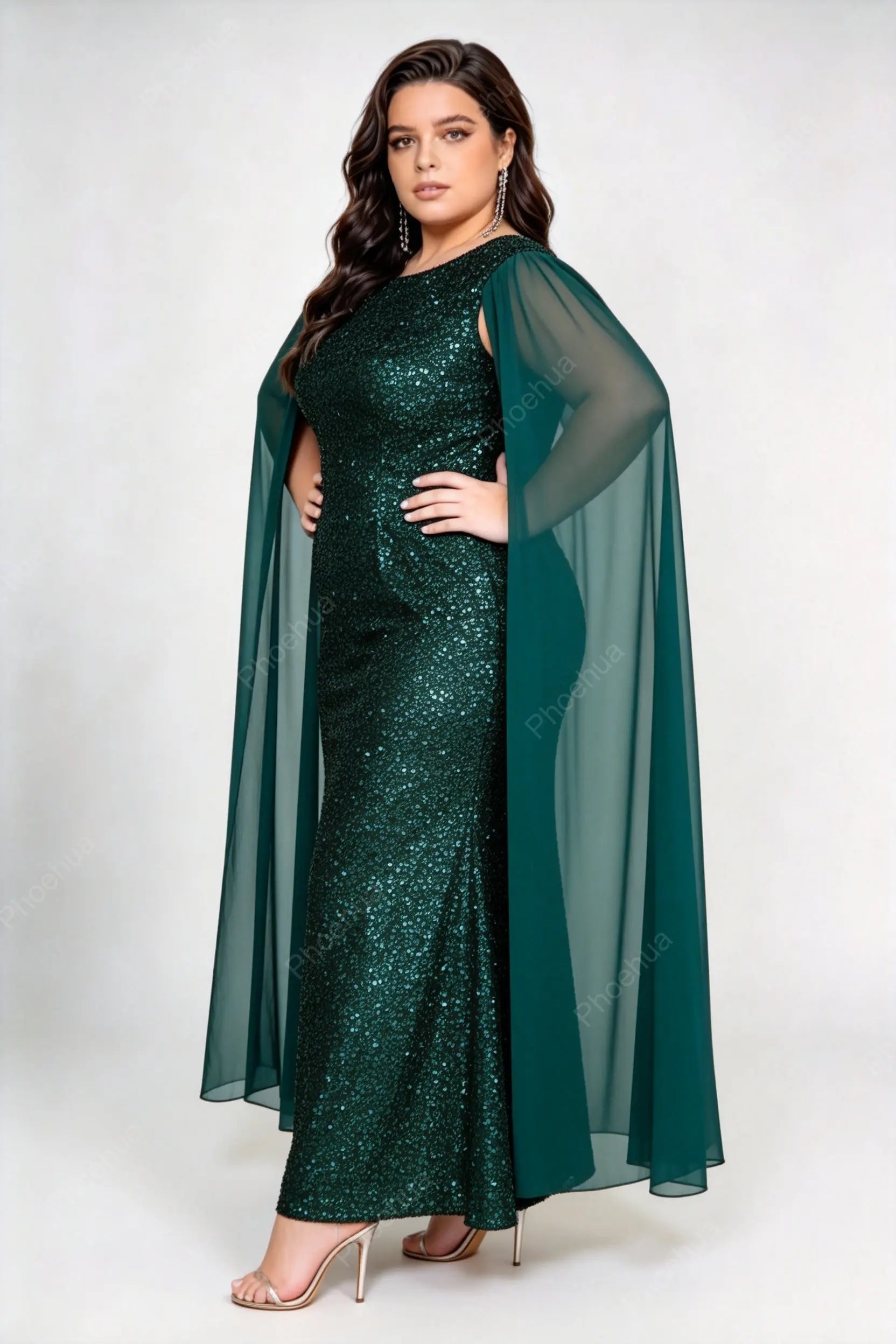 Plus Size Dark Green Round Neck Full Sequin Mermaid Maxi Gown With Chiffon Cape Sleeves Formal Evening Dress