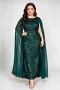 Plus Size Dark Green Round Neck Full Sequin Mermaid Maxi Gown With Chiffon Cape Sleeves Formal Evening Dress
