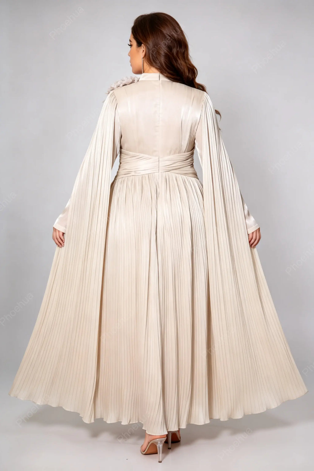 Plus Size Apricot Stand Collar 3D Floral Applique Pleated Chiffon Cape Long Sleeve Umbrella Maxi Formal Evening Dress