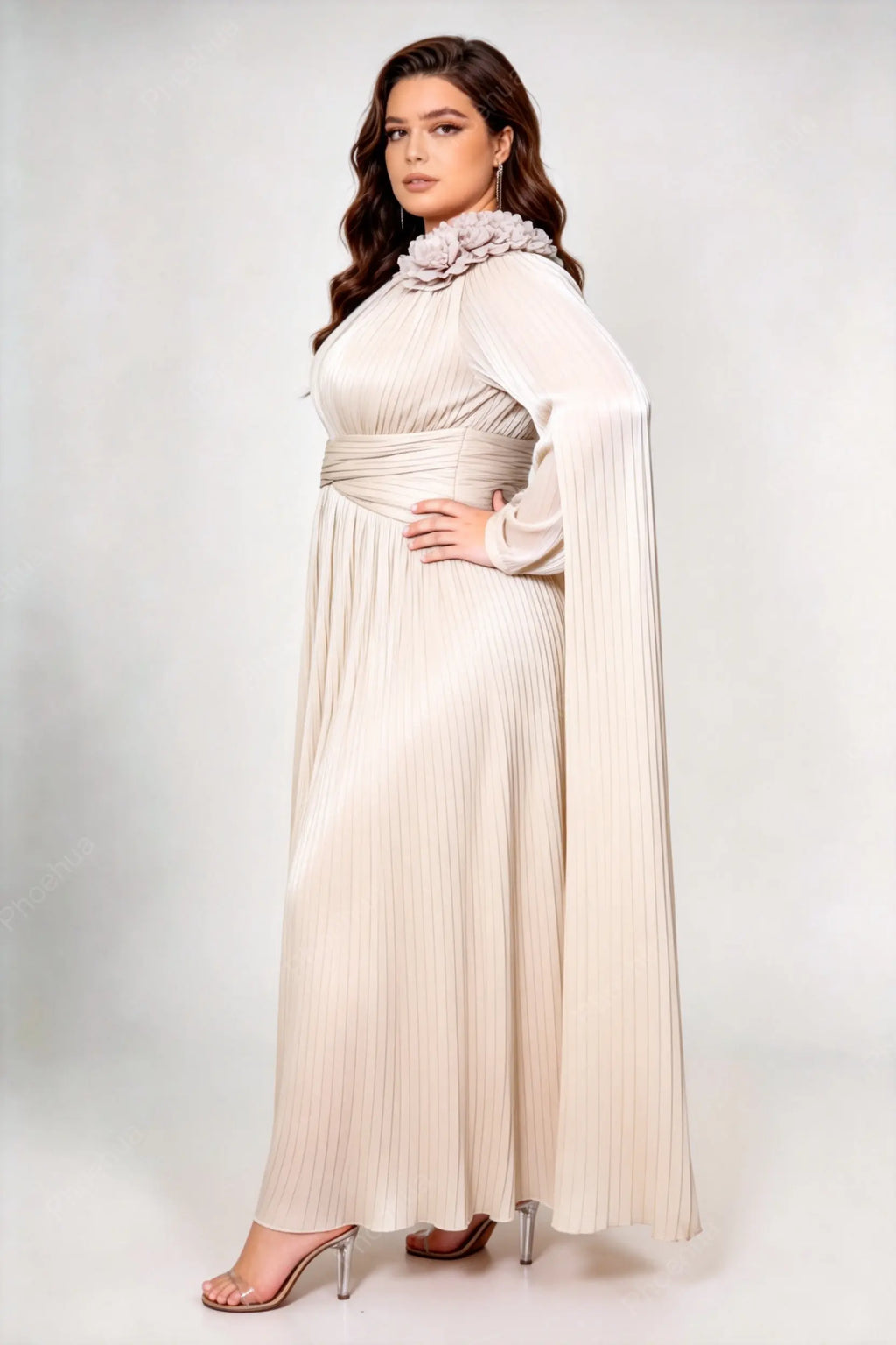 Plus Size Apricot Stand Collar 3D Floral Applique Pleated Chiffon Cape Long Sleeve Umbrella Maxi Formal Evening Dress