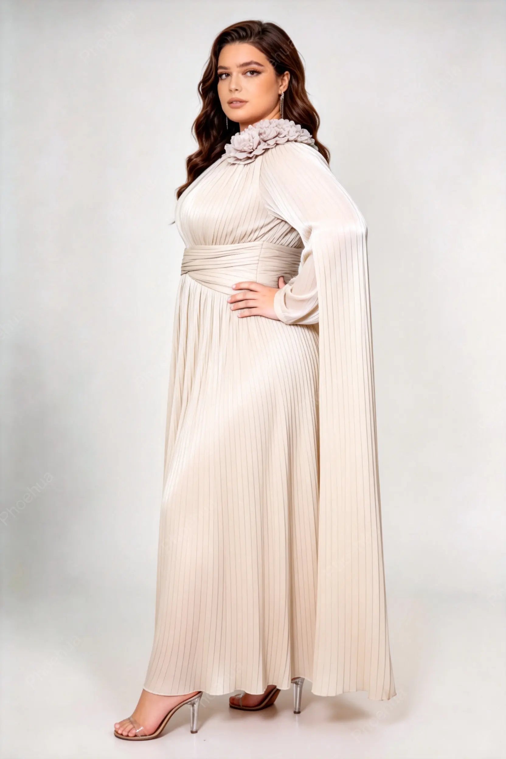 Plus Size Apricot Stand Collar 3D Floral Applique Pleated Chiffon Cape Long Sleeve Umbrella Maxi Formal Evening Dress