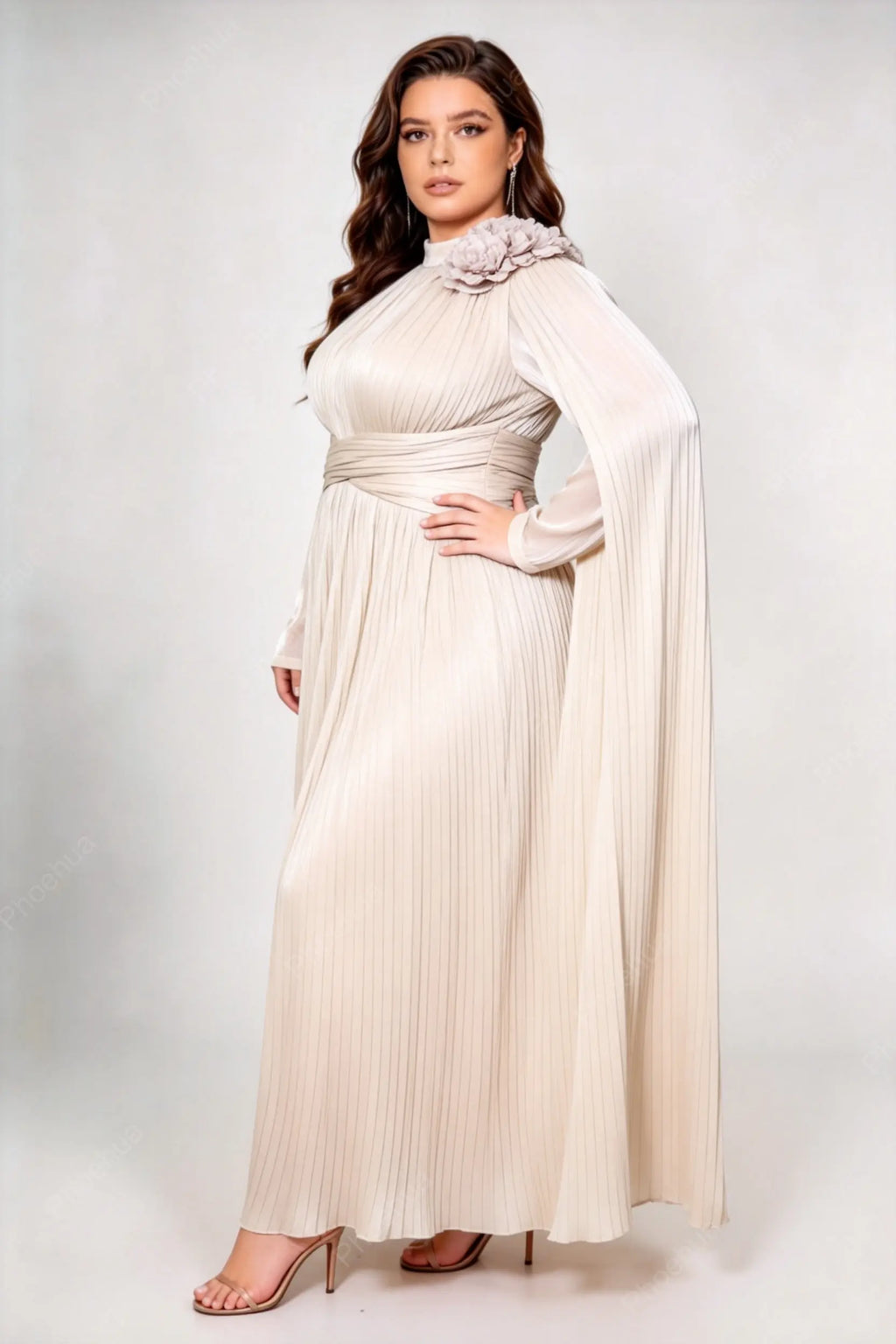 Plus Size Apricot Stand Collar 3D Floral Applique Pleated Chiffon Cape Long Sleeve Umbrella Maxi Formal Evening Dress