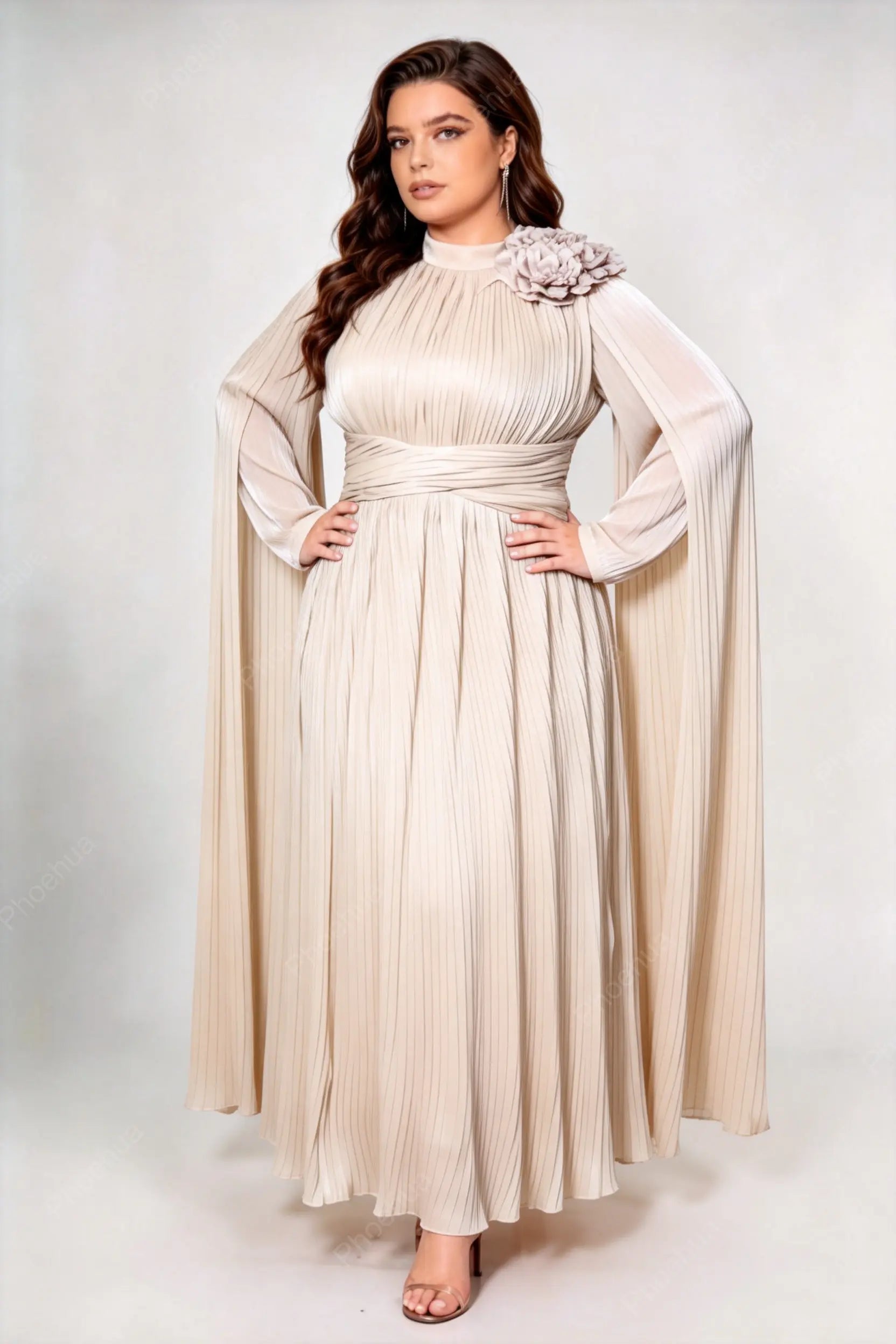 Plus Size Apricot Stand Collar 3D Floral Applique Pleated Chiffon Cape Long Sleeve Umbrella Maxi Formal Evening Dress