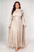 Plus Size Apricot Stand Collar 3D Floral Applique Pleated Chiffon Cape Long Sleeve Umbrella Maxi Formal Evening Dress