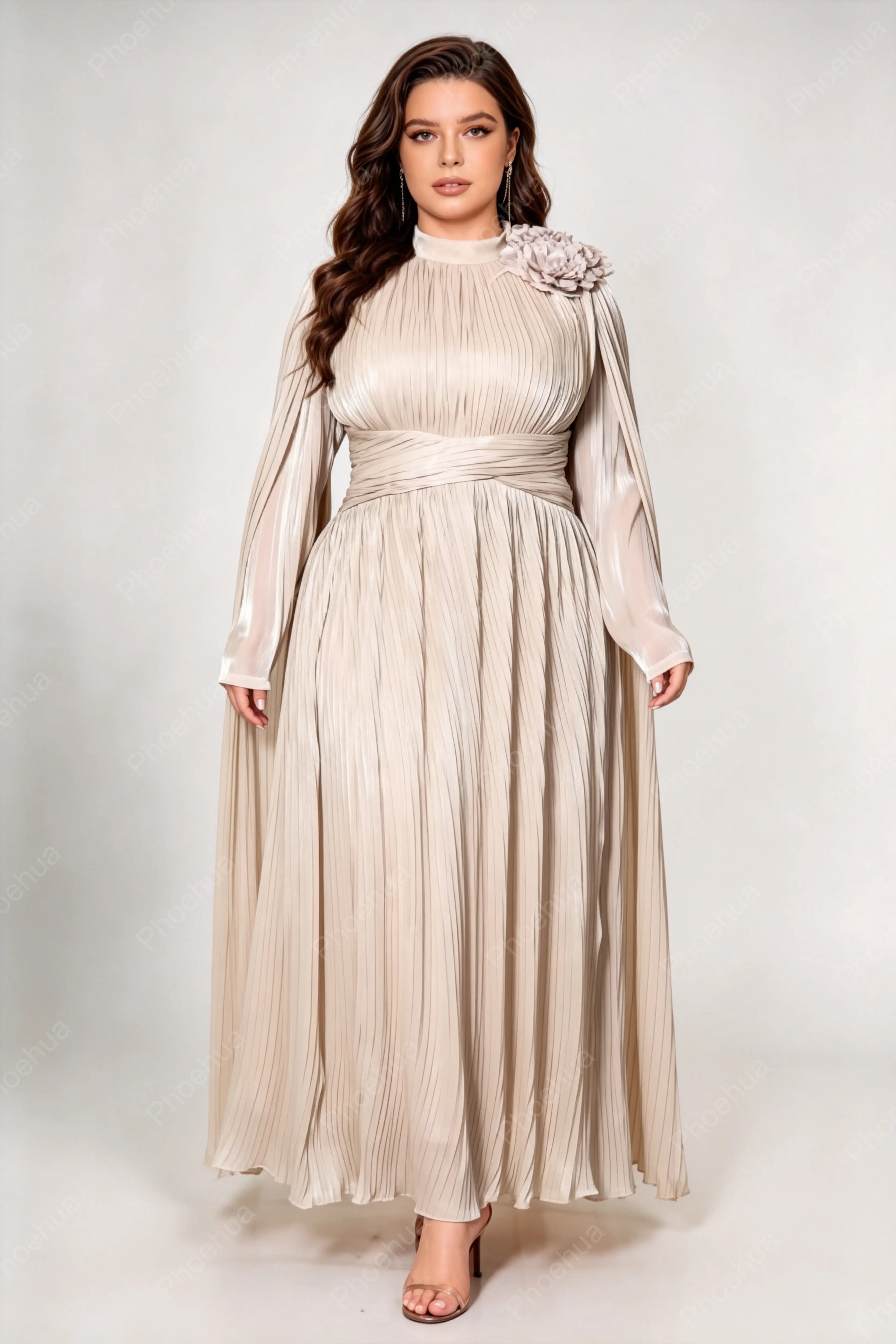 Plus Size Apricot Stand Collar 3D Floral Applique Pleated Chiffon Cape Long Sleeve Umbrella Maxi Formal Evening Dress