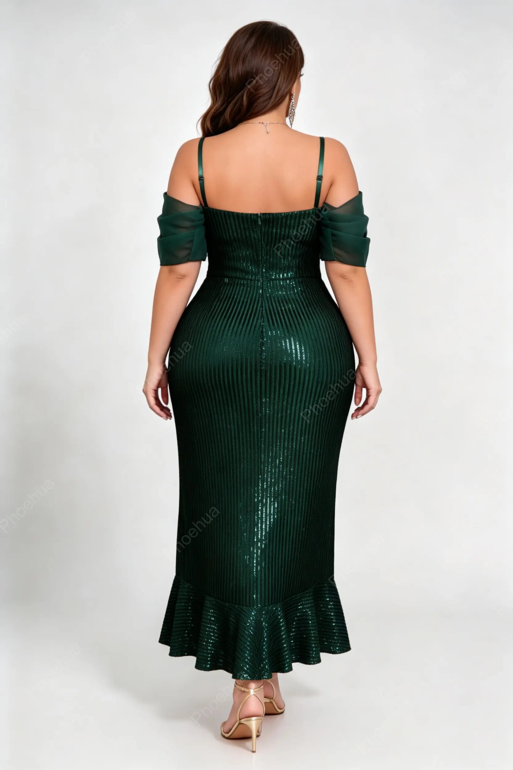Plus Size Sweetheart Spaghetti Strap Off Shoulder Chiffon Ruffle Short Sleeve Vertical Sequin Slit Midi Mermaid Evening Dress